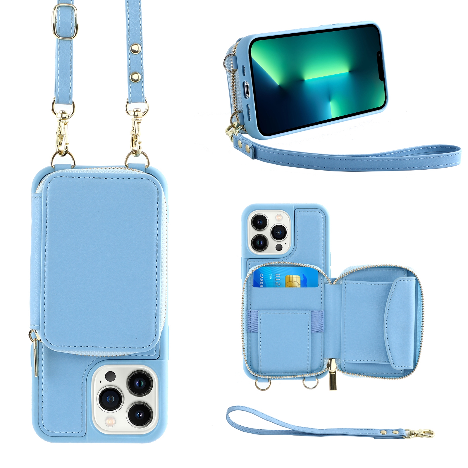 For iPhone 13 Pro Multifunctional Zipper Wallet RFID Phone Leather Case(Sky Blue) - Shopkiz.com