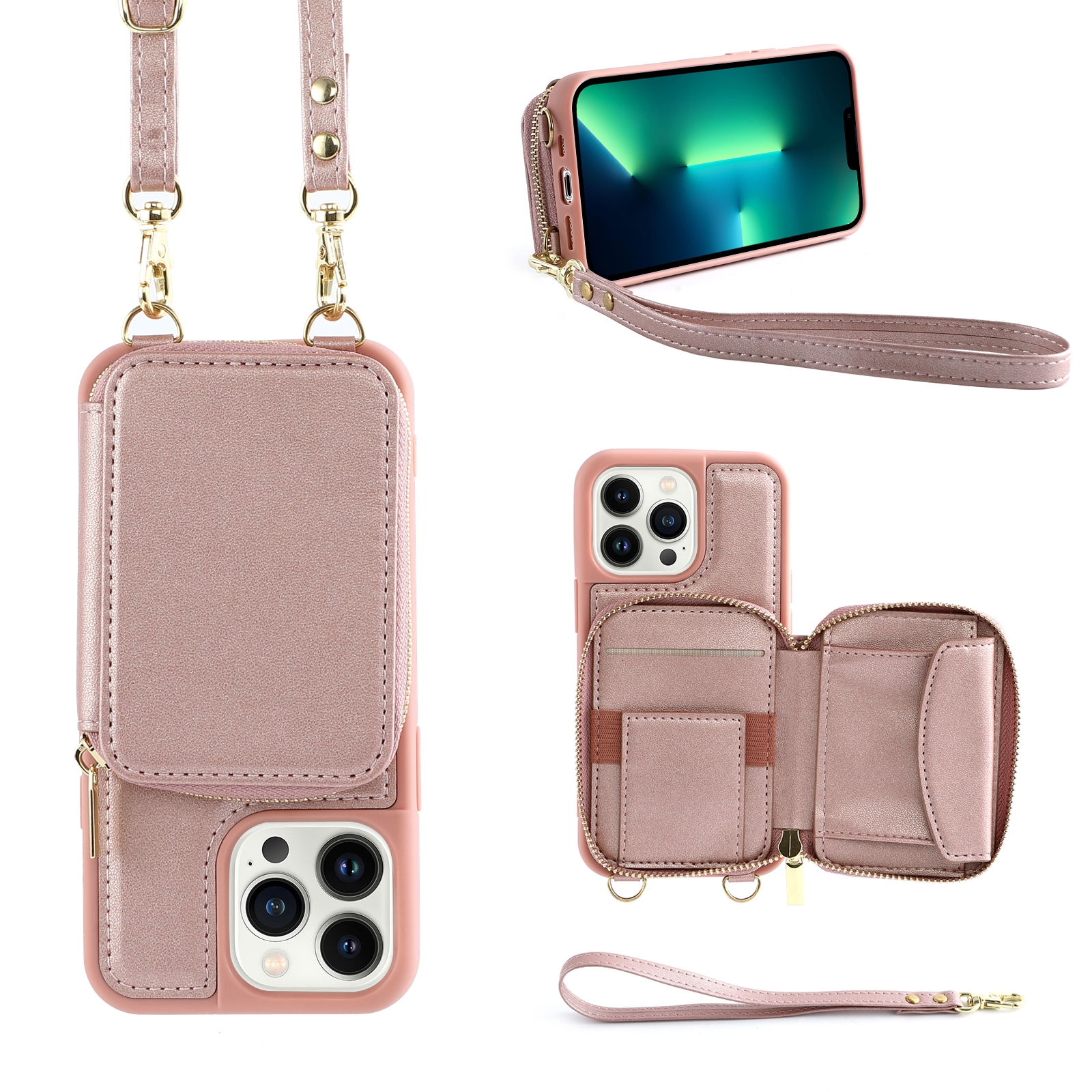 For iPhone 13 Pro Max Multifunctional Zipper Wallet RFID Phone Leather Case(Rose Gold) - Shopkiz.com