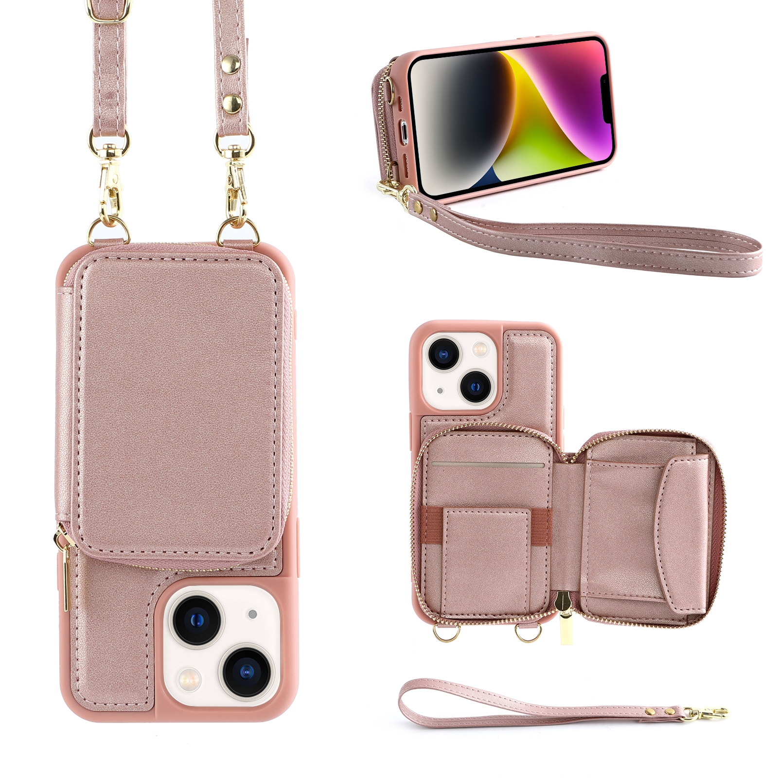 For iPhone 14 Multifunctional Zipper Wallet RFID Phone Leather Case(Rose Gold) - Shopkiz.com