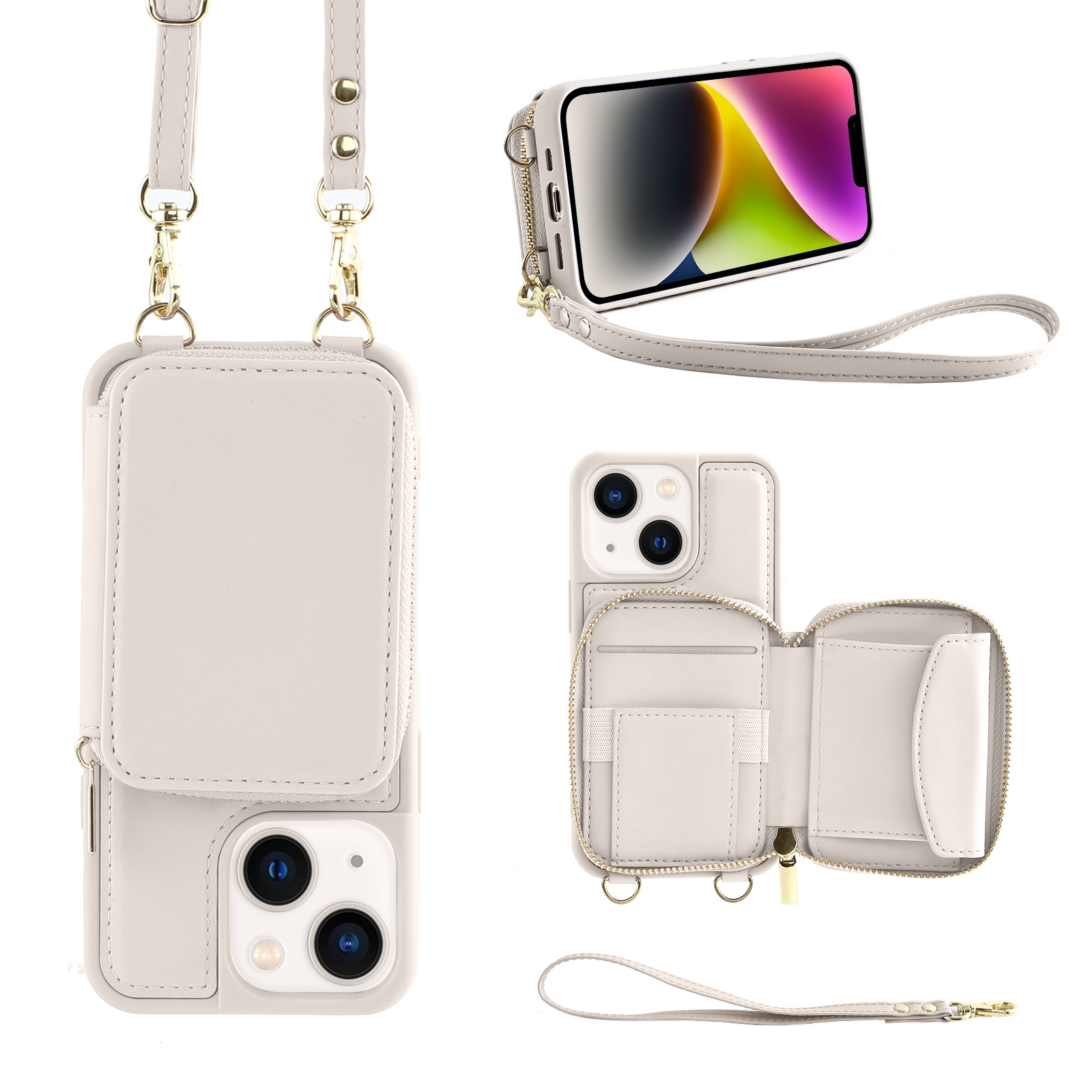 For iPhone 14 Plus Multifunctional Zipper Wallet RFID Phone Leather Case(White) - Shopkiz.com