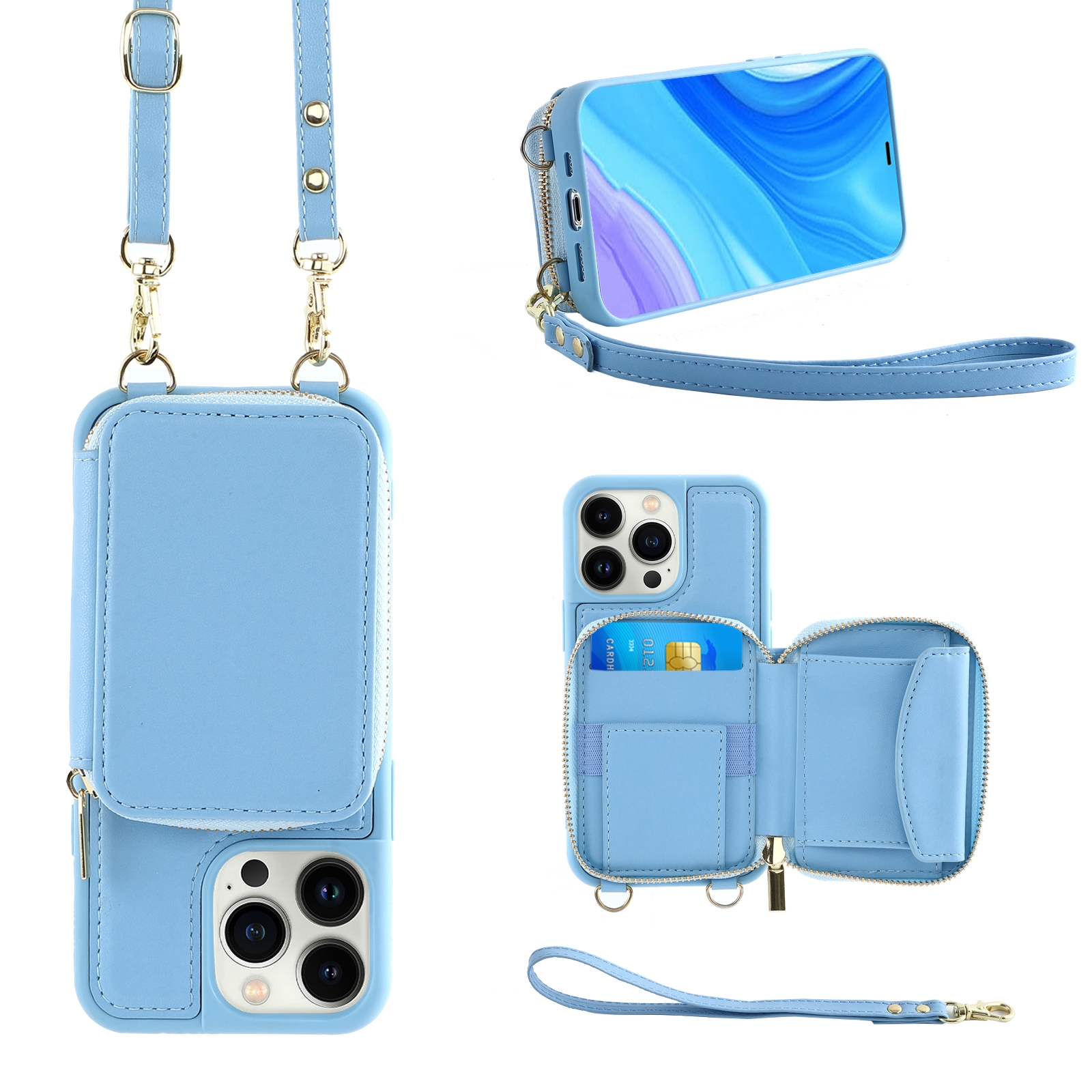For iPhone 15 Pro Max Multifunctional Zipper Wallet RFID Phone Leather Case(Sky Blue) - Shopkiz.com