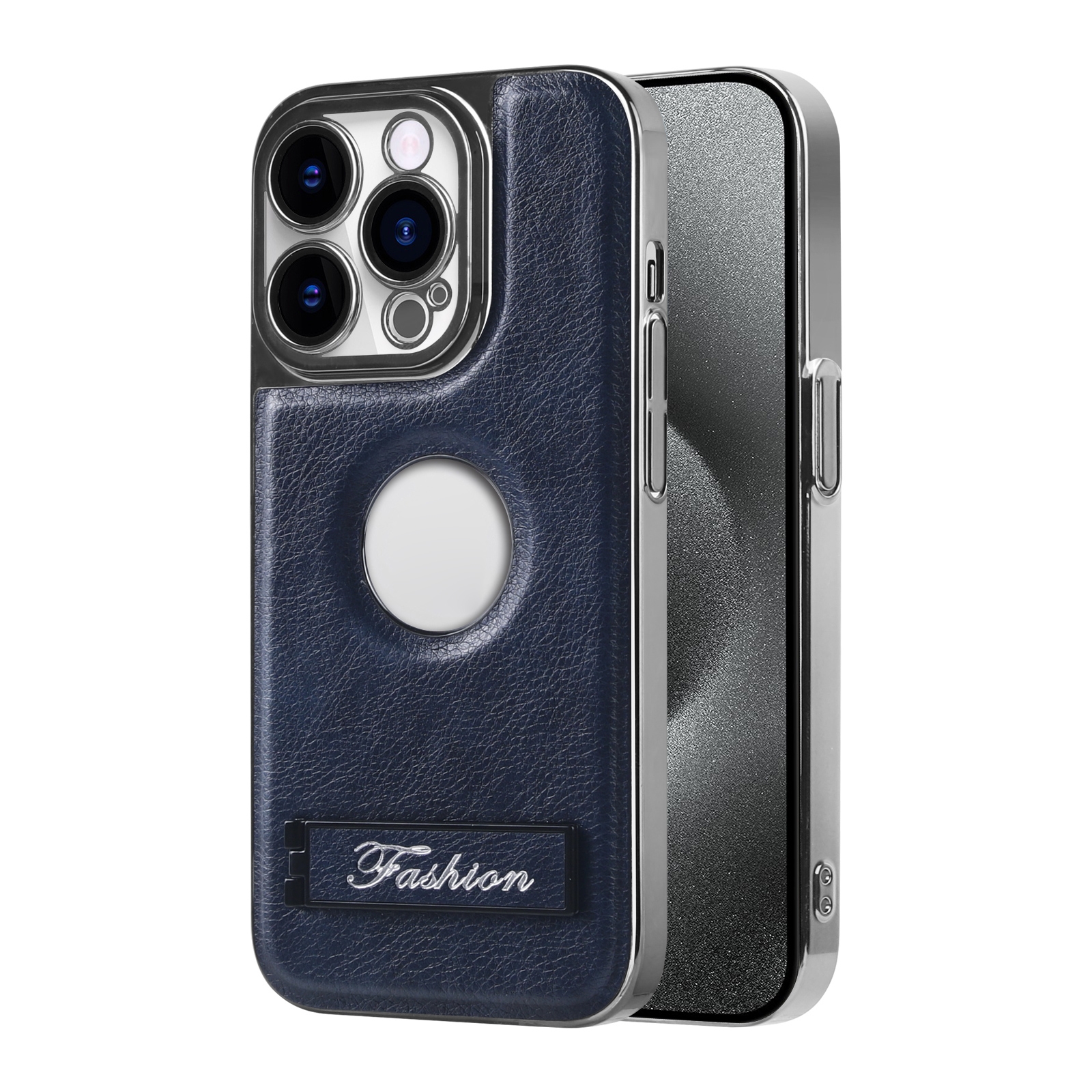 For iPhone 15 Pro Max Y3 Electroplated Fine Hole Leather Phone Case with Holder(Navy Blue) - Shopkiz.com