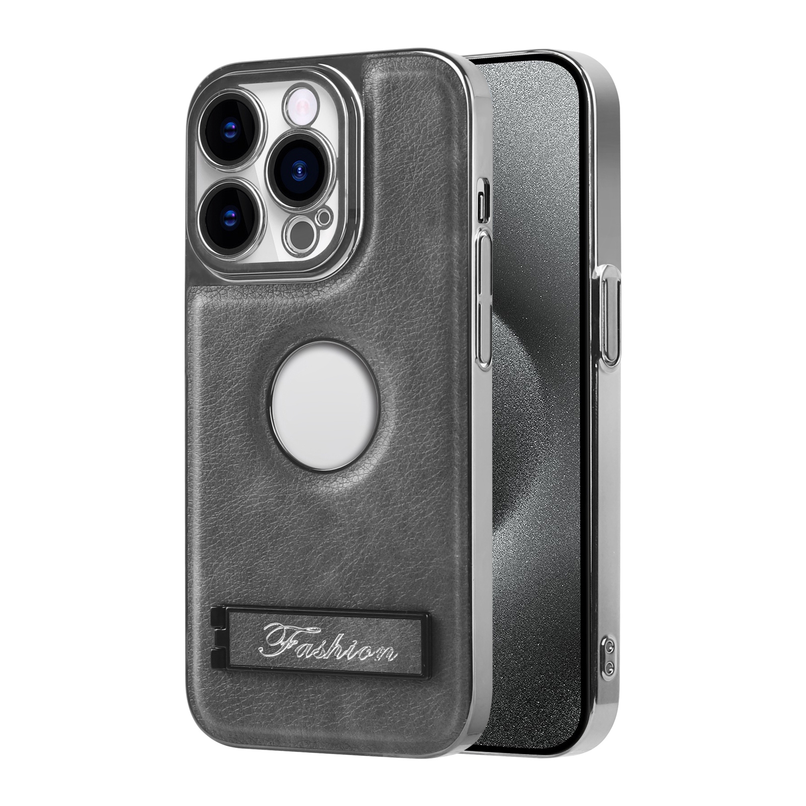 For iPhone 15 Pro Y3 Electroplated Fine Hole Leather Phone Case with Holder(Grey) - Shopkiz.com