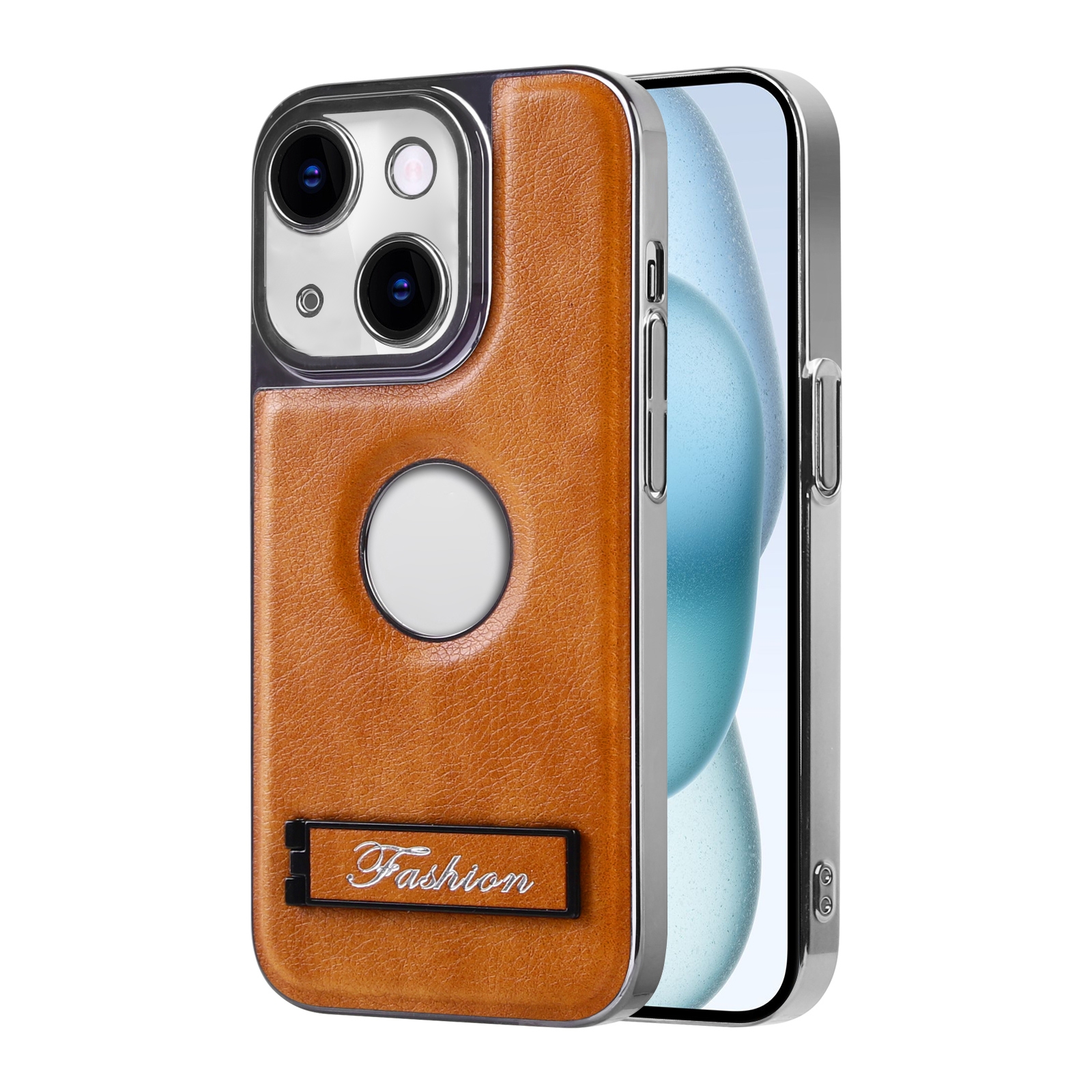 For iPhone 15 Y3 Electroplated Fine Hole Leather Phone Case with Holder(Brown) - Shopkiz.com
