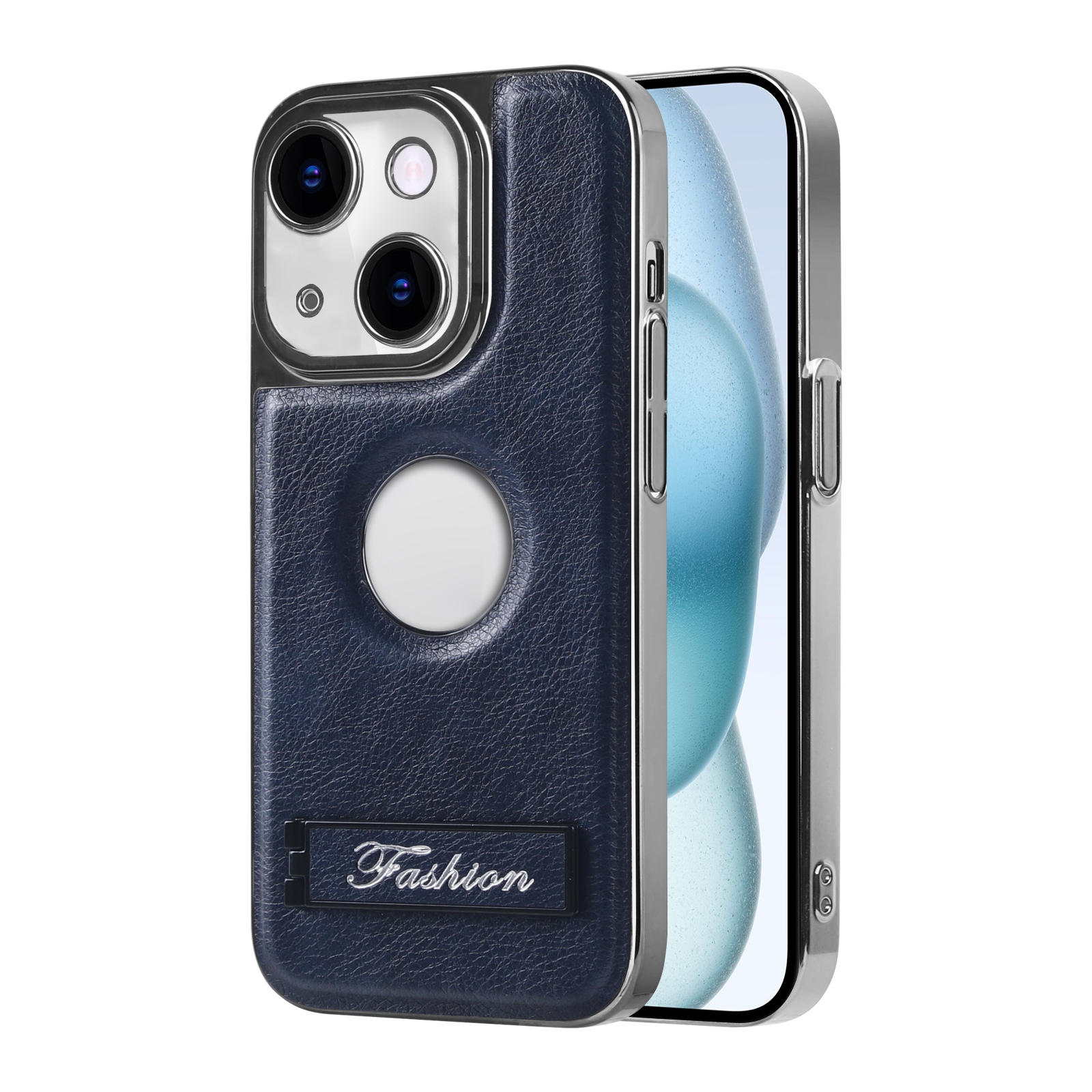 For iPhone 15 Y3 Electroplated Fine Hole Leather Phone Case with Holder(Navy Blue) - Shopkiz.com