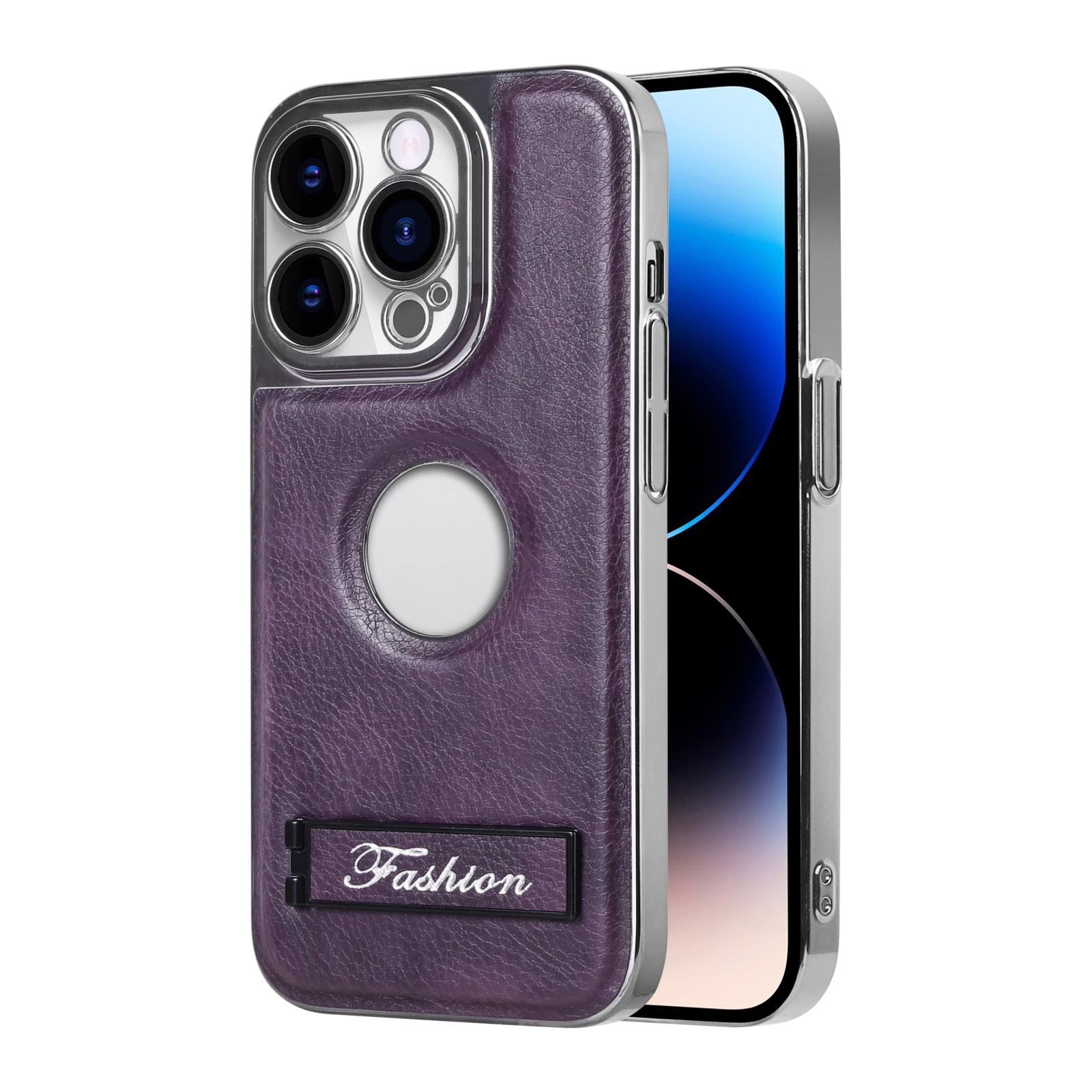 For iPhone 14 Pro Max Y3 Electroplated Fine Hole Leather Phone Case with Holder(Dark Purple) - Shopkiz.com