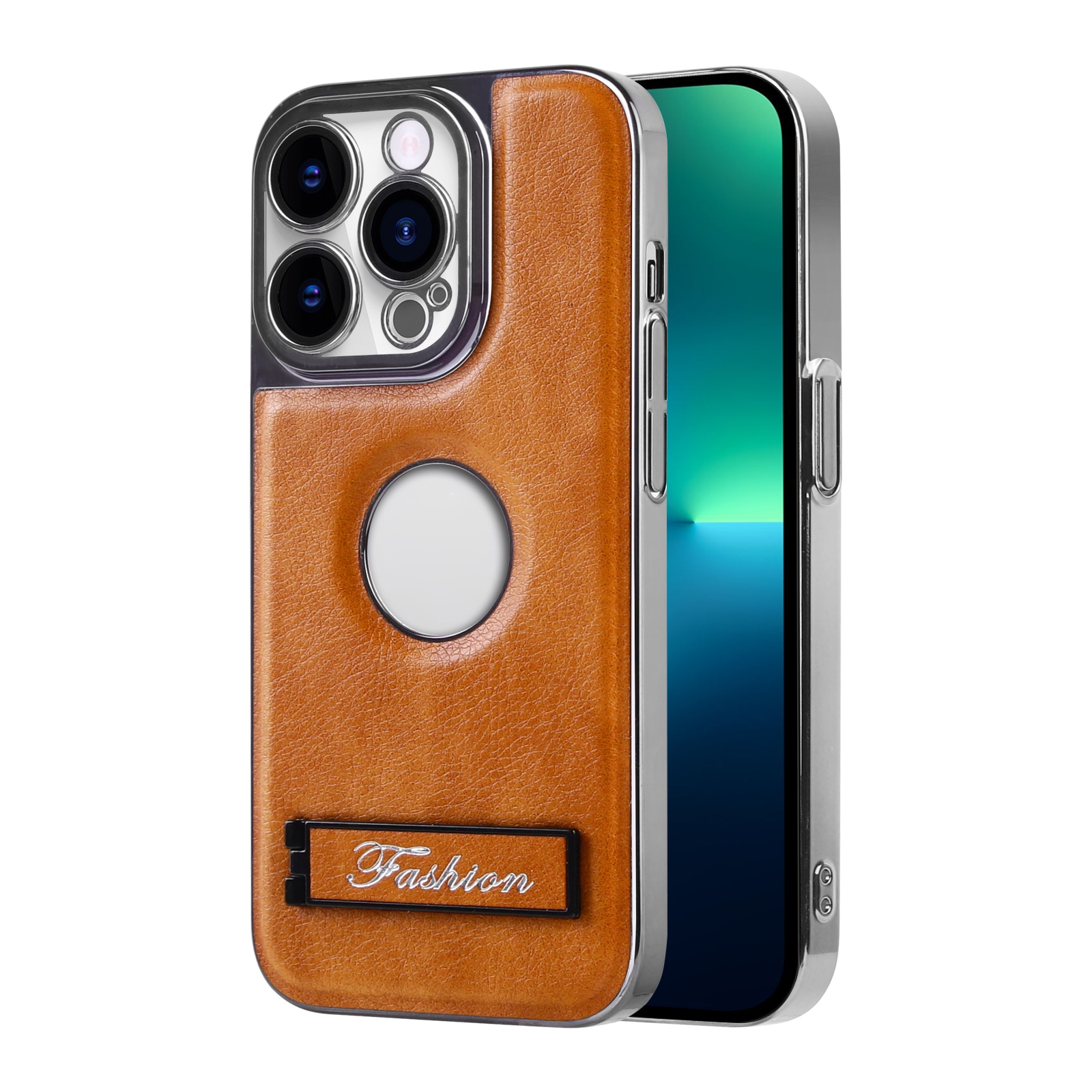For iPhone 13 Pro Max Y3 Electroplated Fine Hole Leather Phone Case with Holder(Brown) - Shopkiz.com