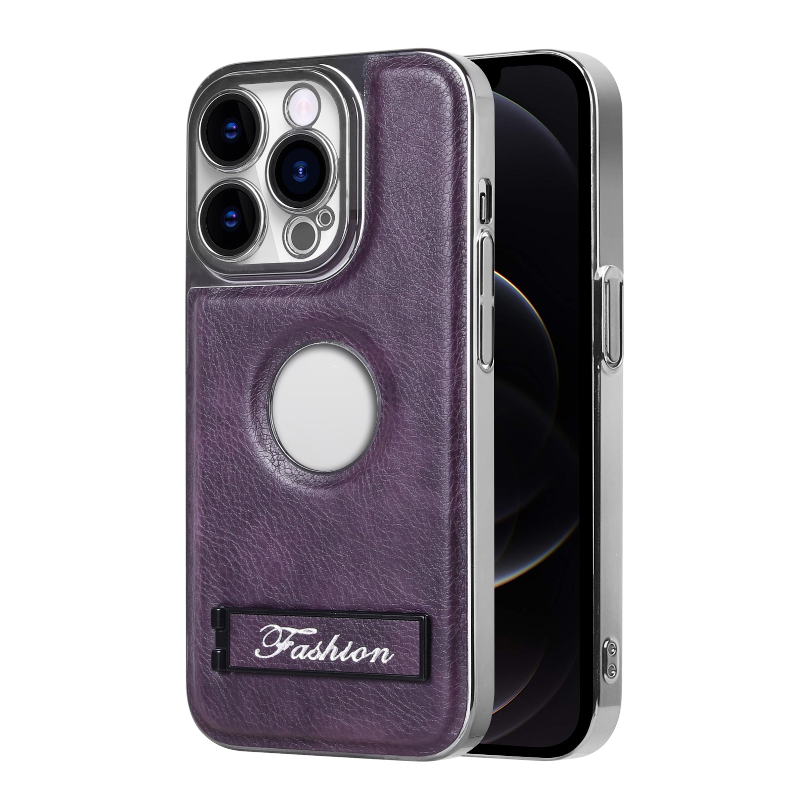 For iPhone 12 Pro Y3 Electroplated Fine Hole Leather Phone Case with Holder(Dark Purple) - Shopkiz.com