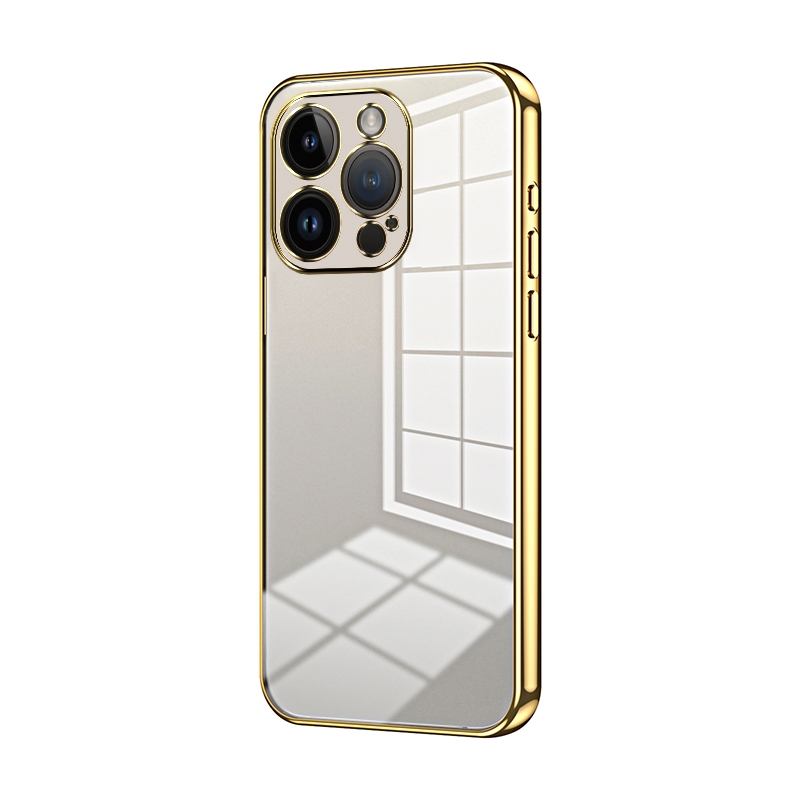 For iPhone 14 Pro Transparent Plating Fine Hole Phone Case(Gold) - Shopkiz.com