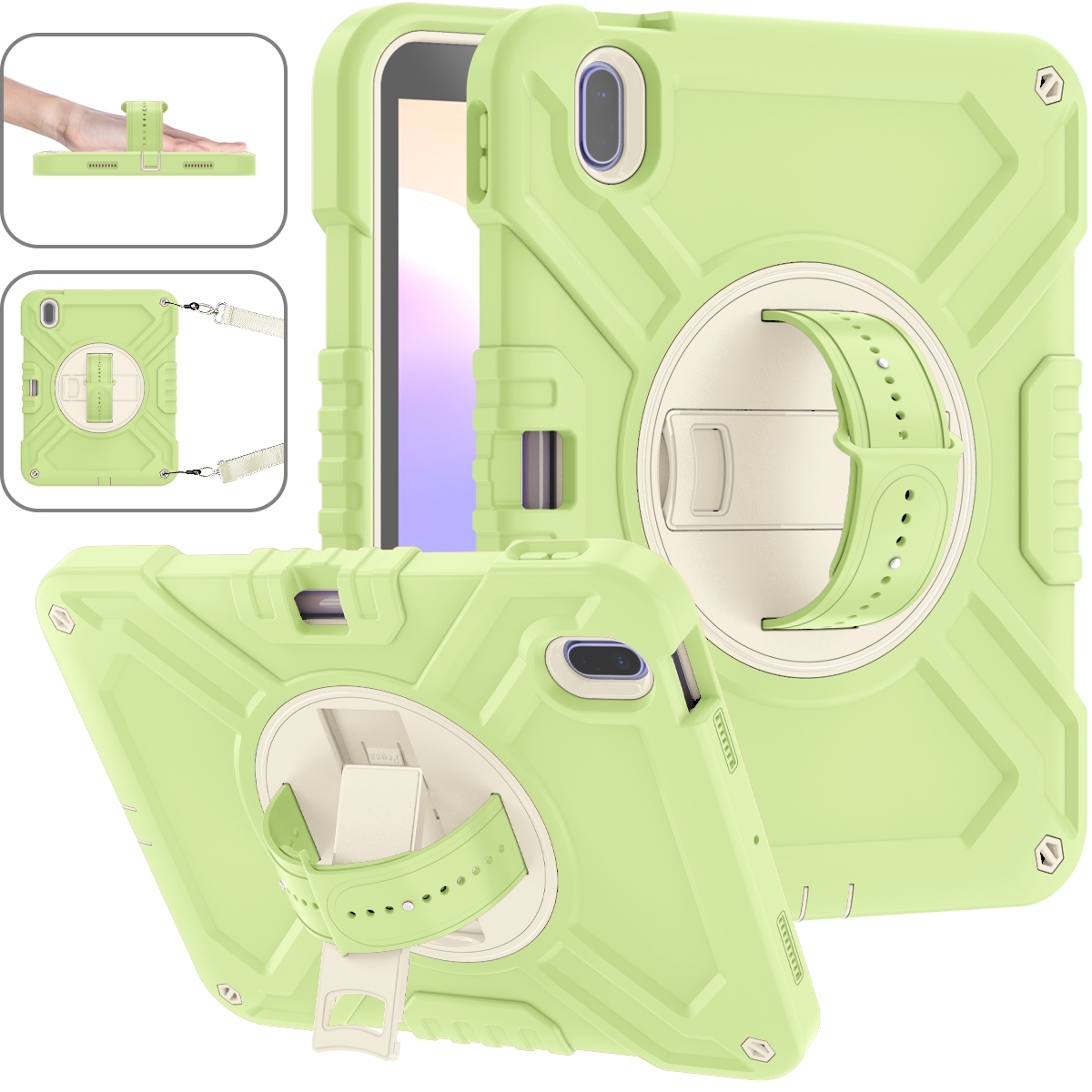 For iPad 2025 / 2022 X Rotation PC Hybrid Silicone Tablet Case with Strap(Yellow Green White) - Shopkiz.com