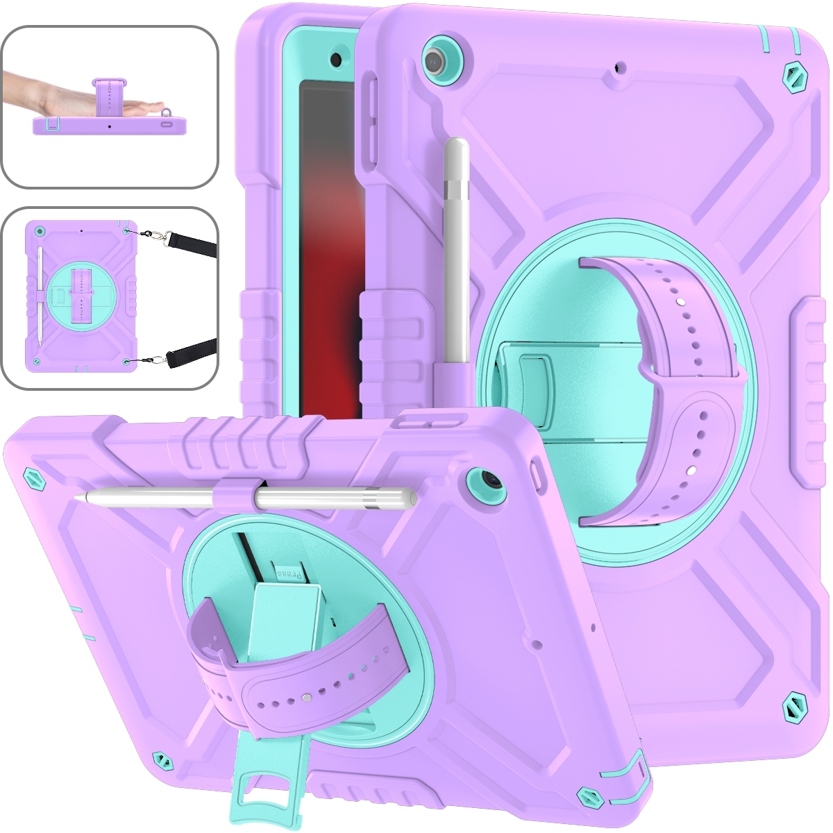 For iPad 10.2 2021 / 2020 / 2019 X Rotation PC Hybrid Silicone Tablet Case with Strap(Purple Cyan) - Shopkiz.com