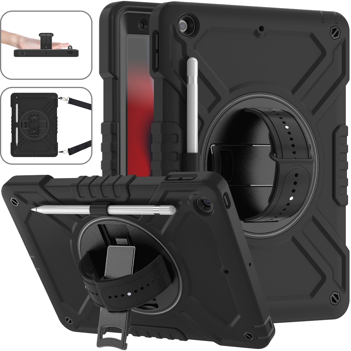 For iPad 10.2 2021 / 2020 / 2019 X Rotation PC Hybrid Silicone Tablet Case with Strap(Full Black) - Shopkiz.com