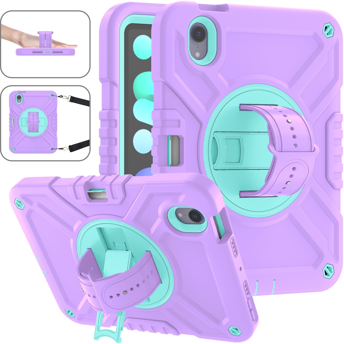 For iPad mini 6 / mini 2024 X Rotation PC Hybrid Silicone Tablet Case with Strap(Purple Cyan) - Shopkiz.com