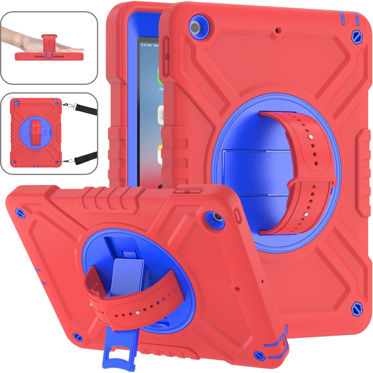 For iPad Air / Air 2 / 9.7 2018 / 2017 X Rotation PC Hybrid Silicone Tablet Case with Strap(Red Blue) - Shopkiz.com