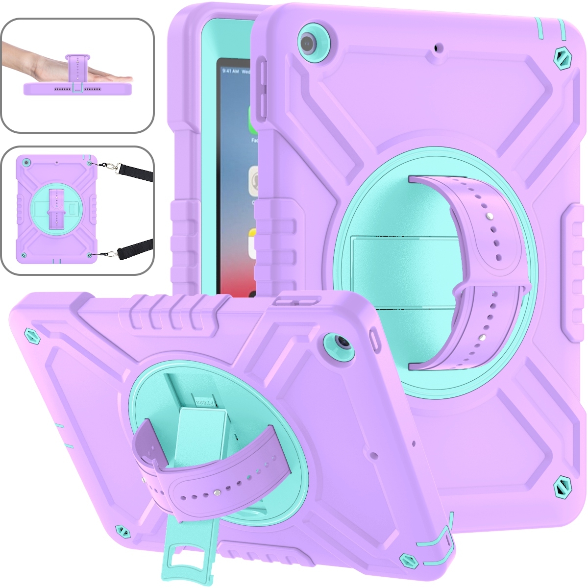 For iPad Air / Air 2 / 9.7 2018 / 2017 X Rotation PC Hybrid Silicone Tablet Case with Strap(Purple Cyan) - Shopkiz.com