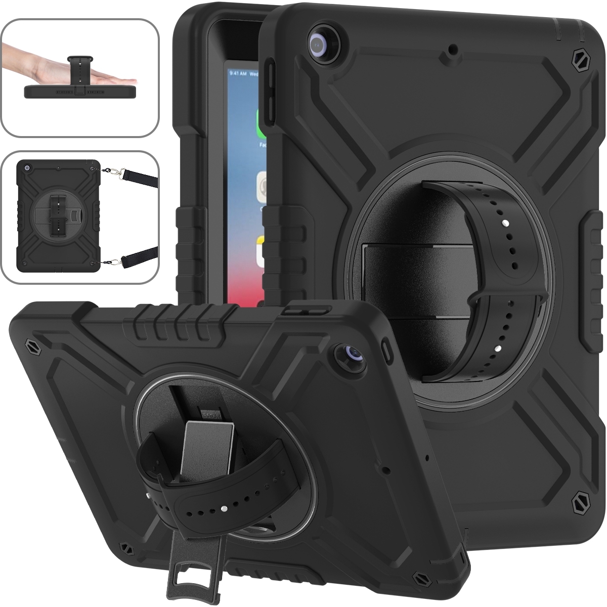 For iPad Air / Air 2 / 9.7 2018 / 2017 X Rotation PC Hybrid Silicone Tablet Case with Strap(Full Black) - Shopkiz.com