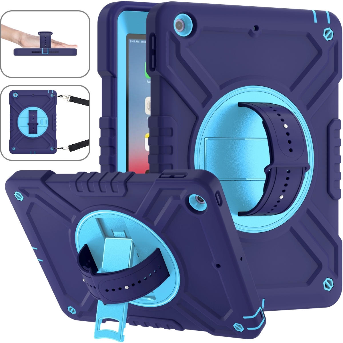 For iPad Air / Air 2 / 9.7 2018 / 2017 X Rotation PC Hybrid Silicone Tablet Case with Strap(Navy Sky Blue) - Shopkiz.com