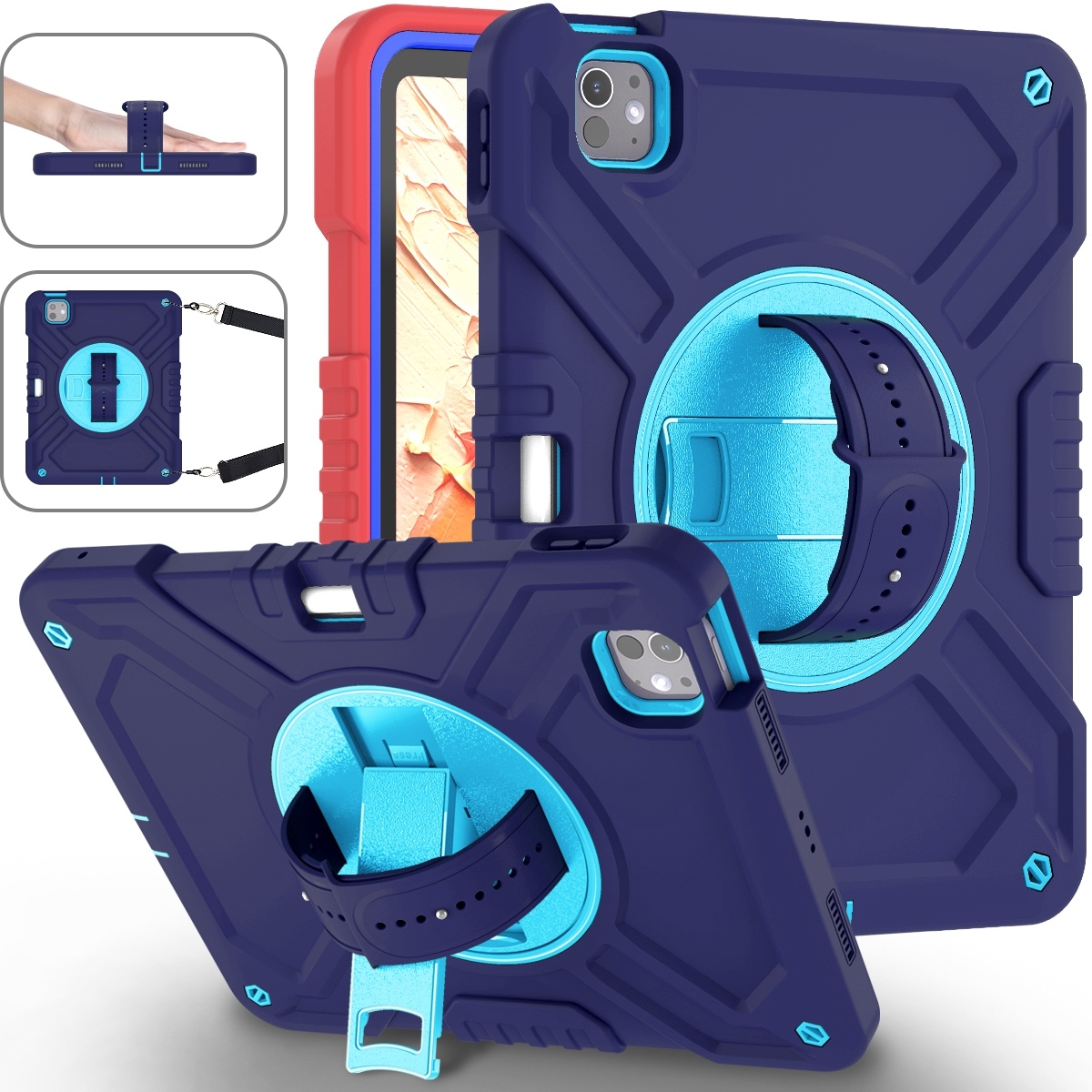 For iPad Pro 11 2025 / 2024 X Rotation PC Hybrid Silicone Tablet Case with Strap(Navy Sky Blue) - Shopkiz.com