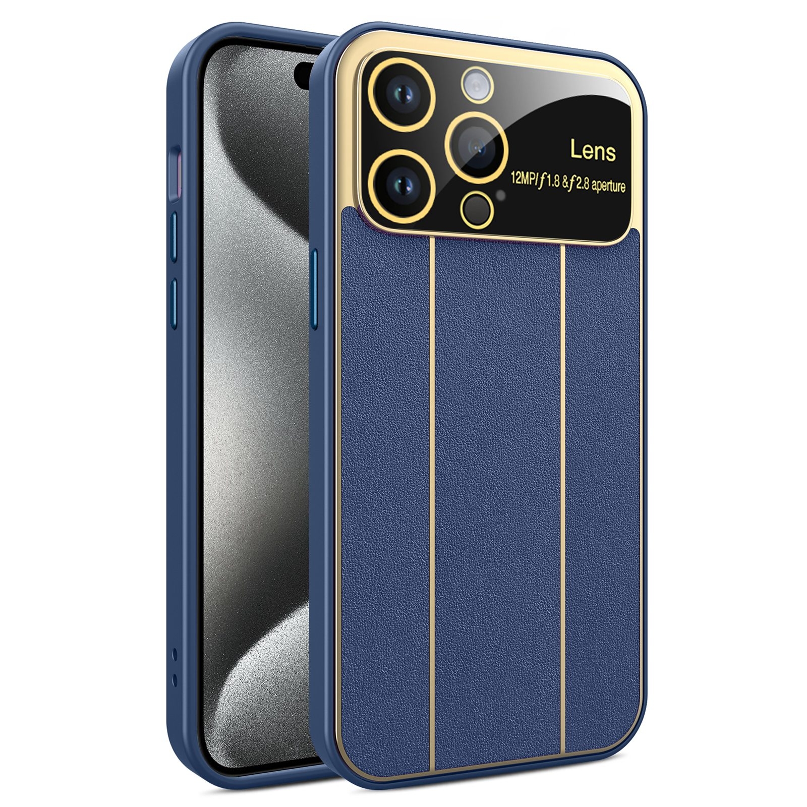 For iPhone 15 Pro Max Electroplating Litchi Grain Large Window Phone Case(Dark Blue) - Shopkiz.com