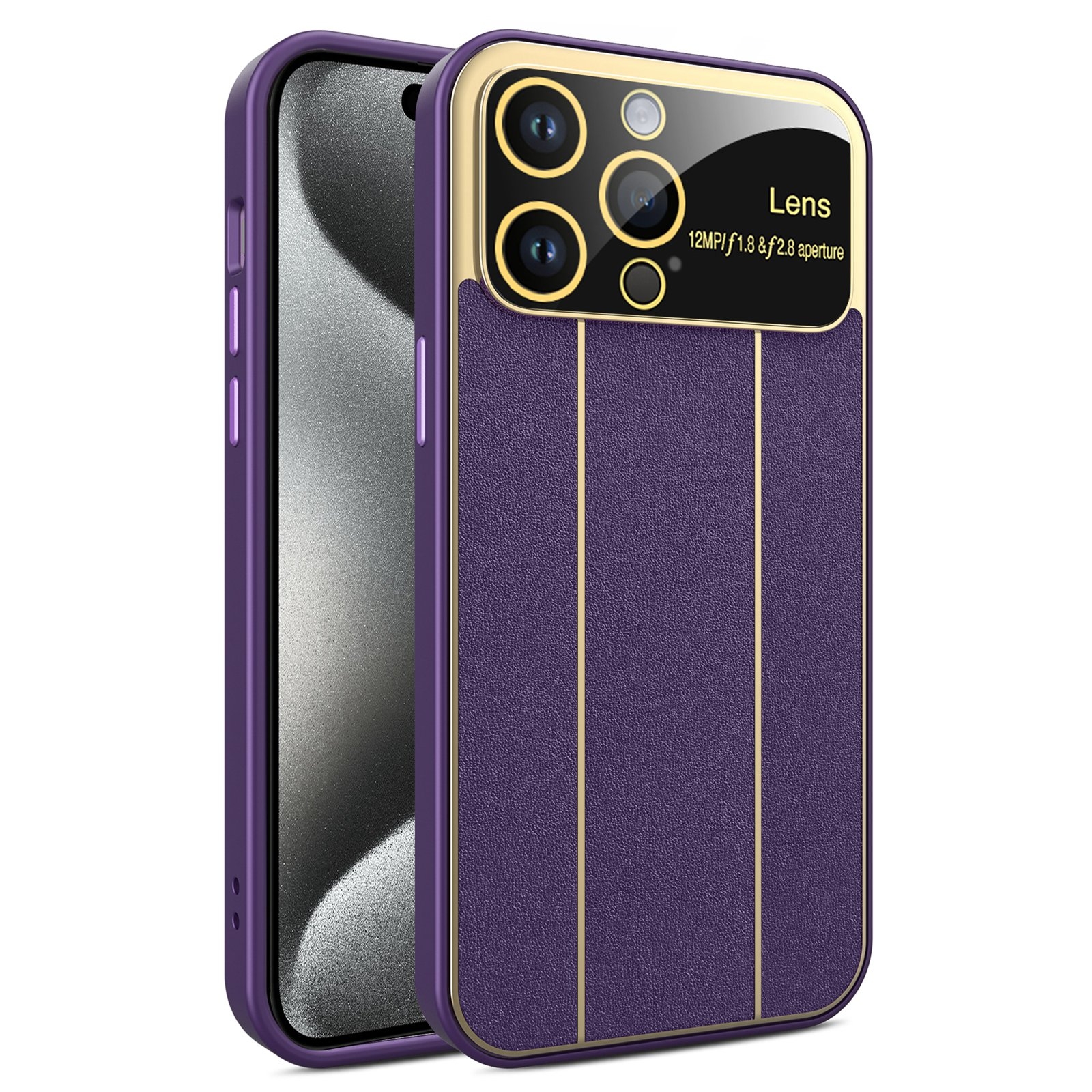 For iPhone 15 Pro Max Electroplating Litchi Grain Large Window Phone Case(Purple) - Shopkiz.com