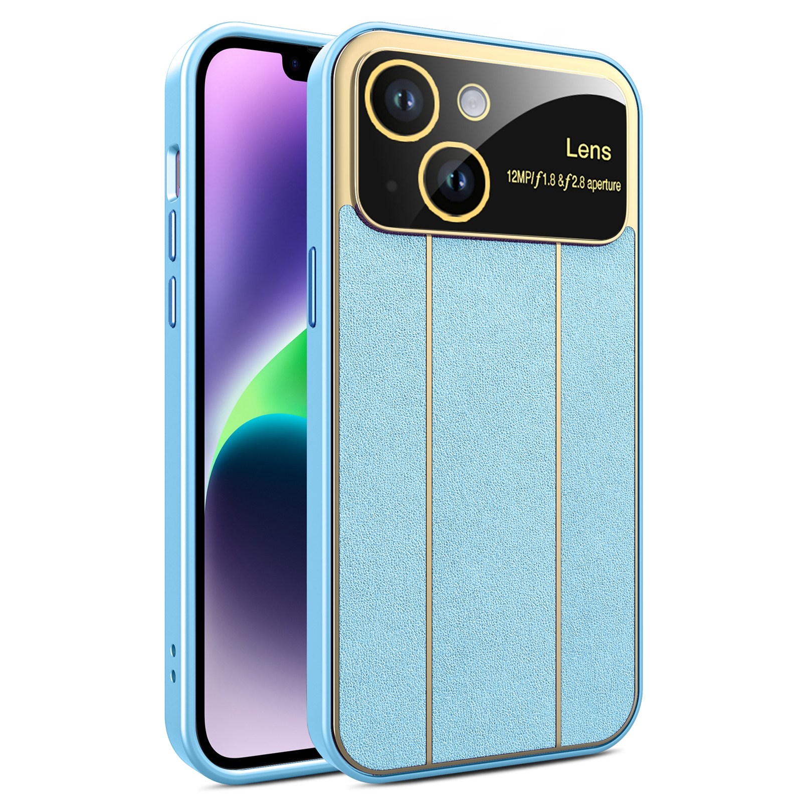 For iPhone 14 Plus Electroplating Litchi Grain Large Window Phone Case(Blue) - Shopkiz.com