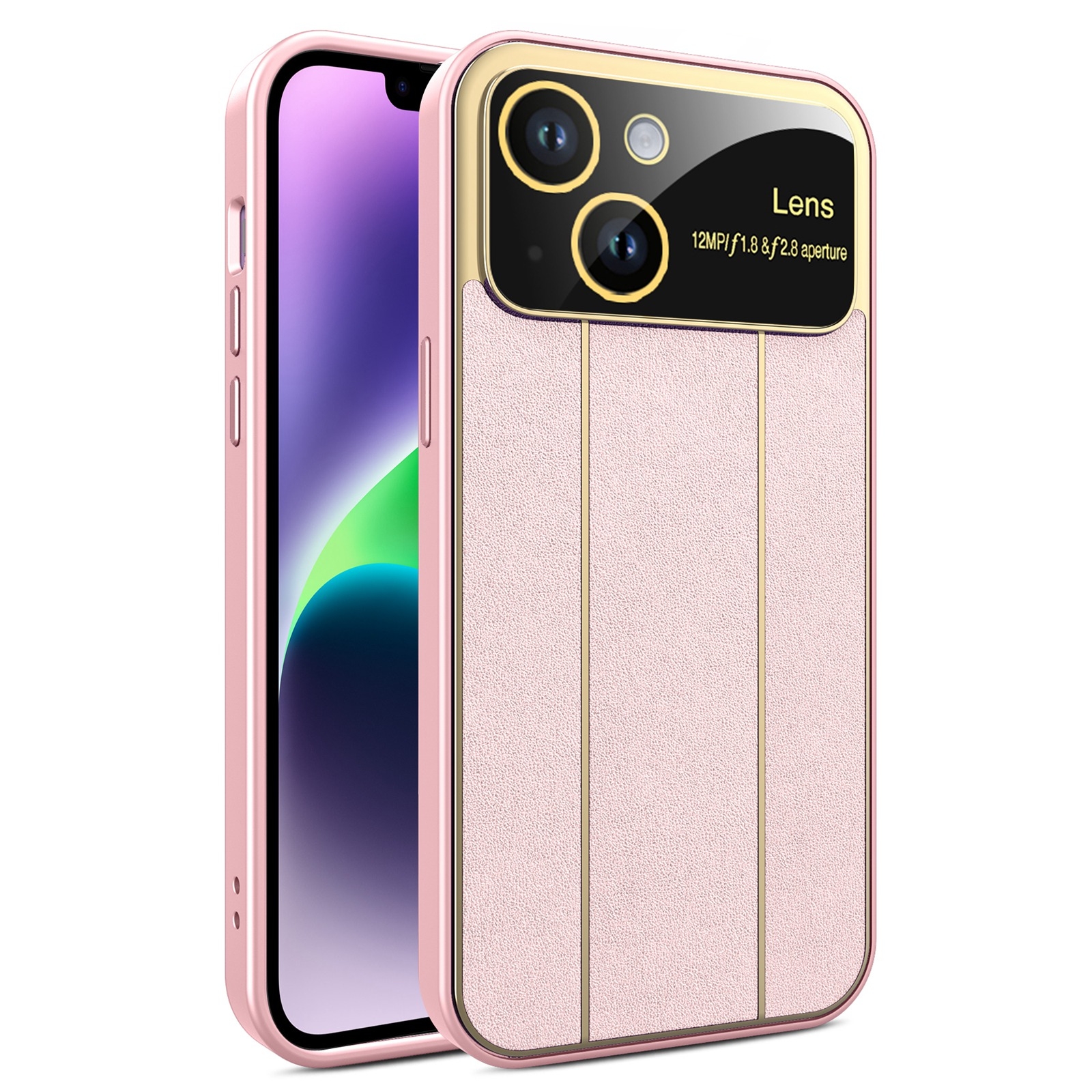 For iPhone 14 Electroplating Litchi Grain Large Window Phone Case(Pink) - Shopkiz.com