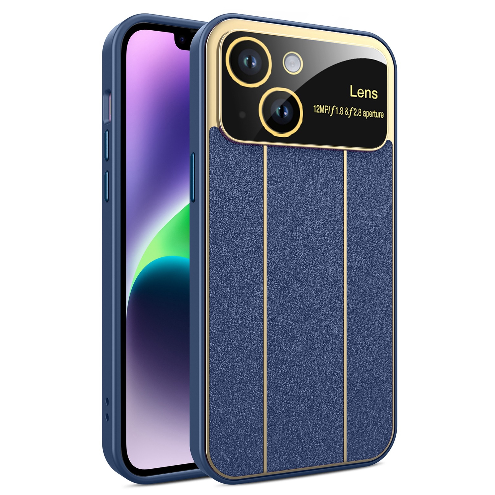 For iPhone 14 Electroplating Litchi Grain Large Window Phone Case(Dark Blue) - Shopkiz.com