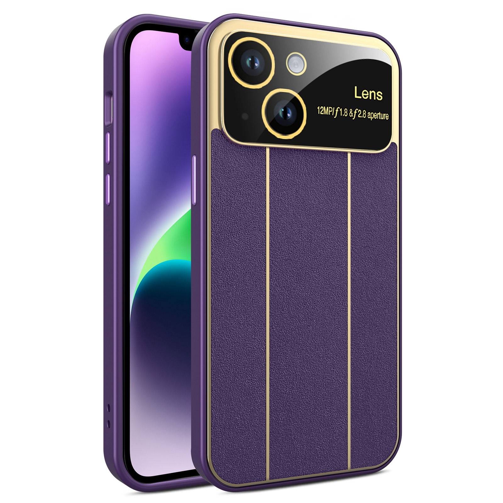 For iPhone 14 Electroplating Litchi Grain Large Window Phone Case(Purple) - Shopkiz.com