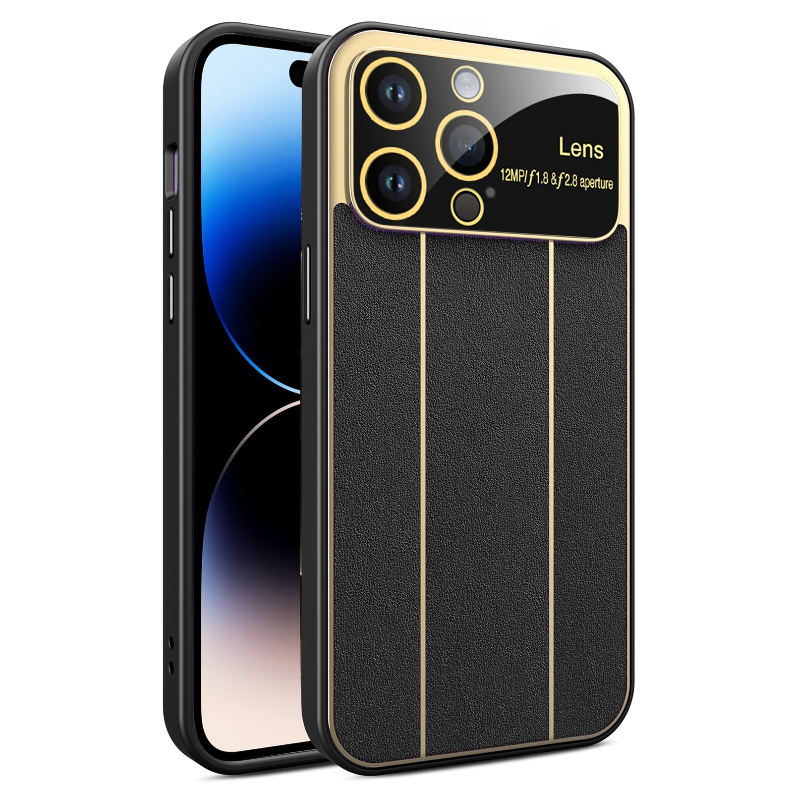 For iPhone 14 Pro Max Electroplating Litchi Grain Large Window Phone Case(Black) - Shopkiz.com