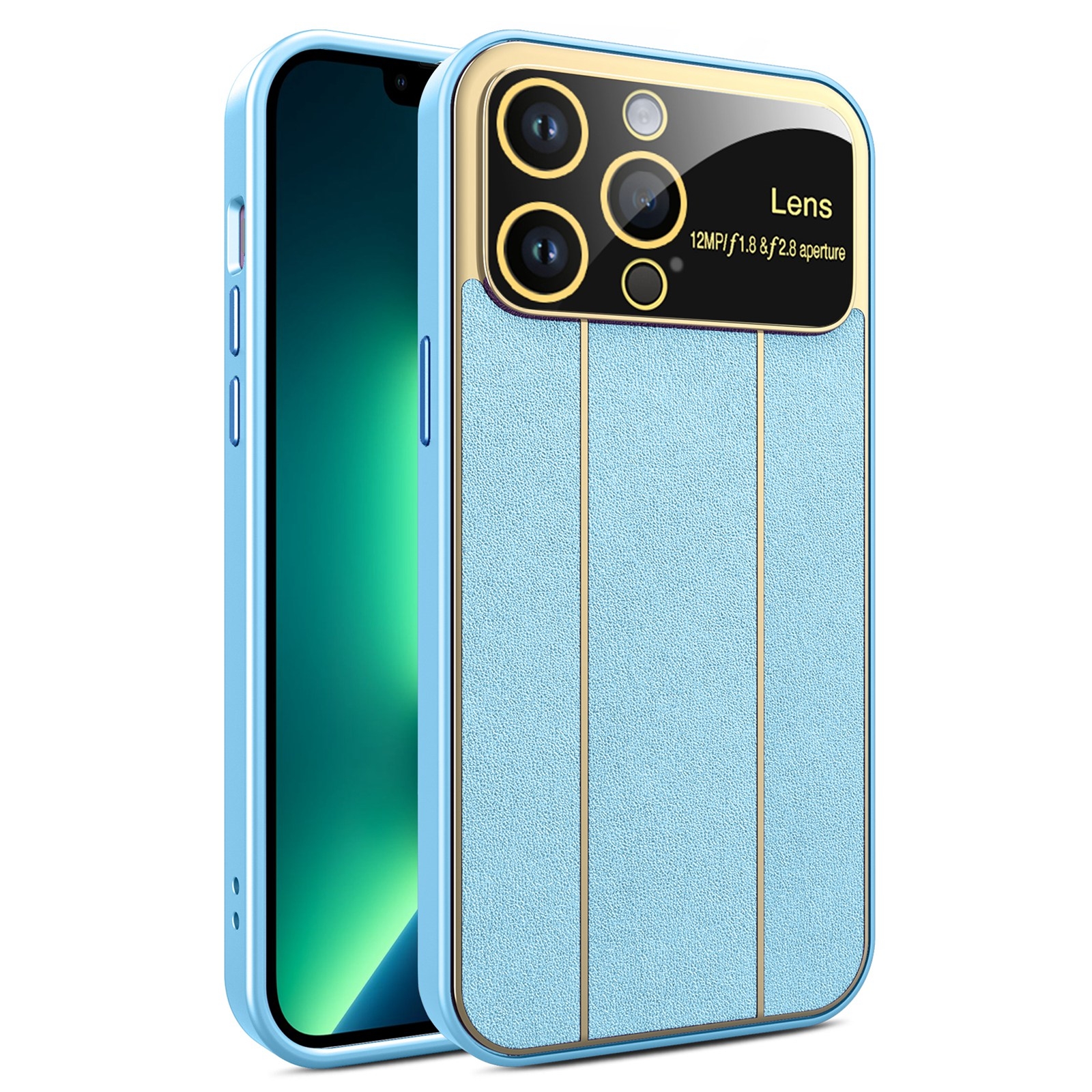 For iPhone 13 Pro Max Electroplating Litchi Grain Large Window Phone Case(Blue) - Shopkiz.com