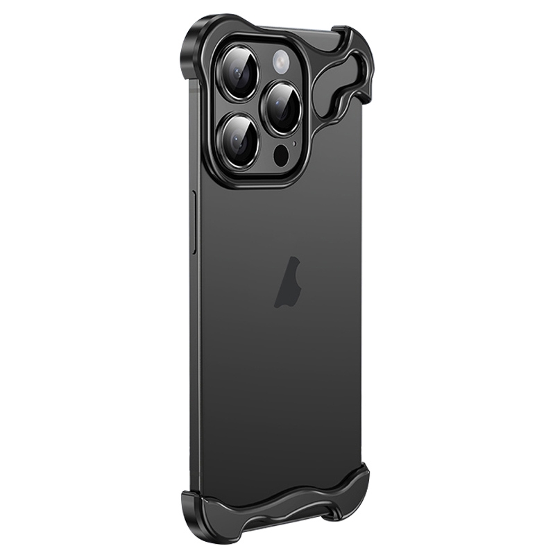 For iPhone 14 Pro Frameless Metal Corner Pad Phone Case with Lens Film(Black) - Shopkiz.com