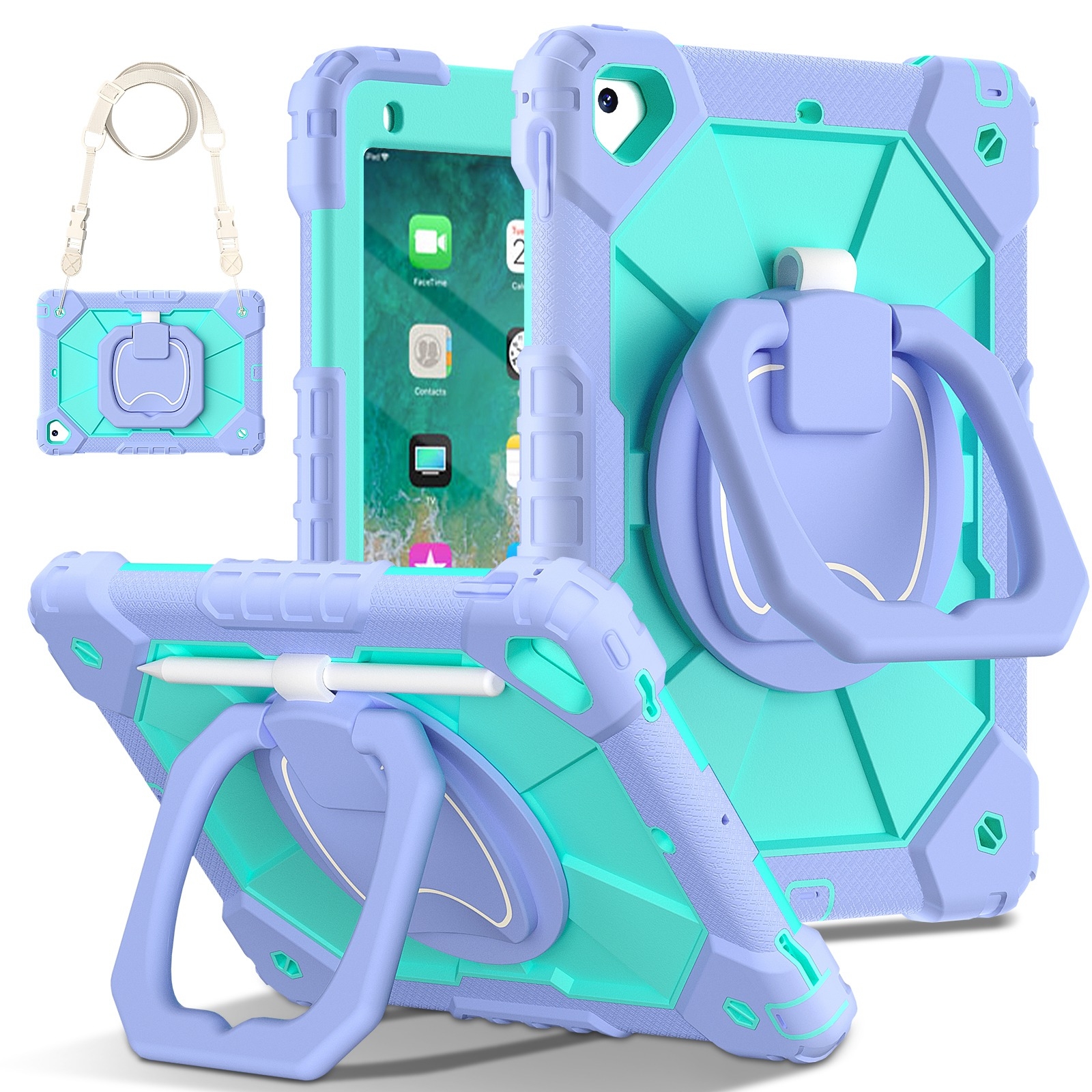 For iPad Air / Air 2 / 9.7 2018/2017 Contrast Color Robot Silicone Hybrid PC Tablet Case(Purple Mint Green) - Shopkiz.com