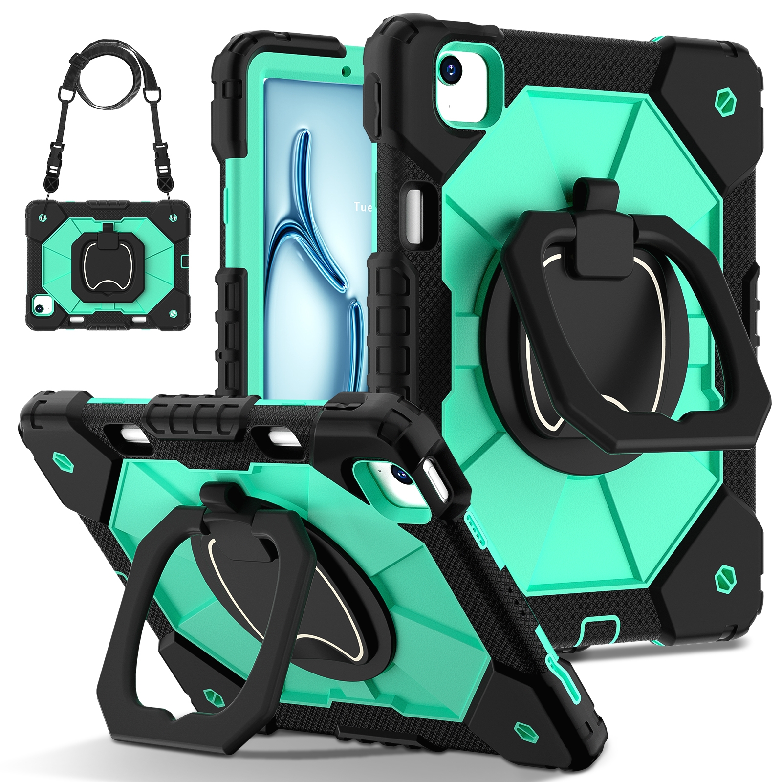 For iPad Air 11 2026 / 2025 / 2024 Contrast Color Robot Silicone Hybrid PC Tablet Case(Black Mint Green) - Shopkiz.com