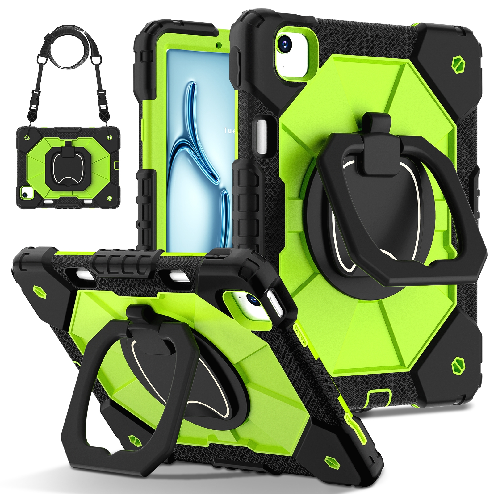 For iPad Air 11 2026 / 2025 / 2024 Contrast Color Robot Silicone Hybrid PC Tablet Case(Black Yellow Green) - Shopkiz.com