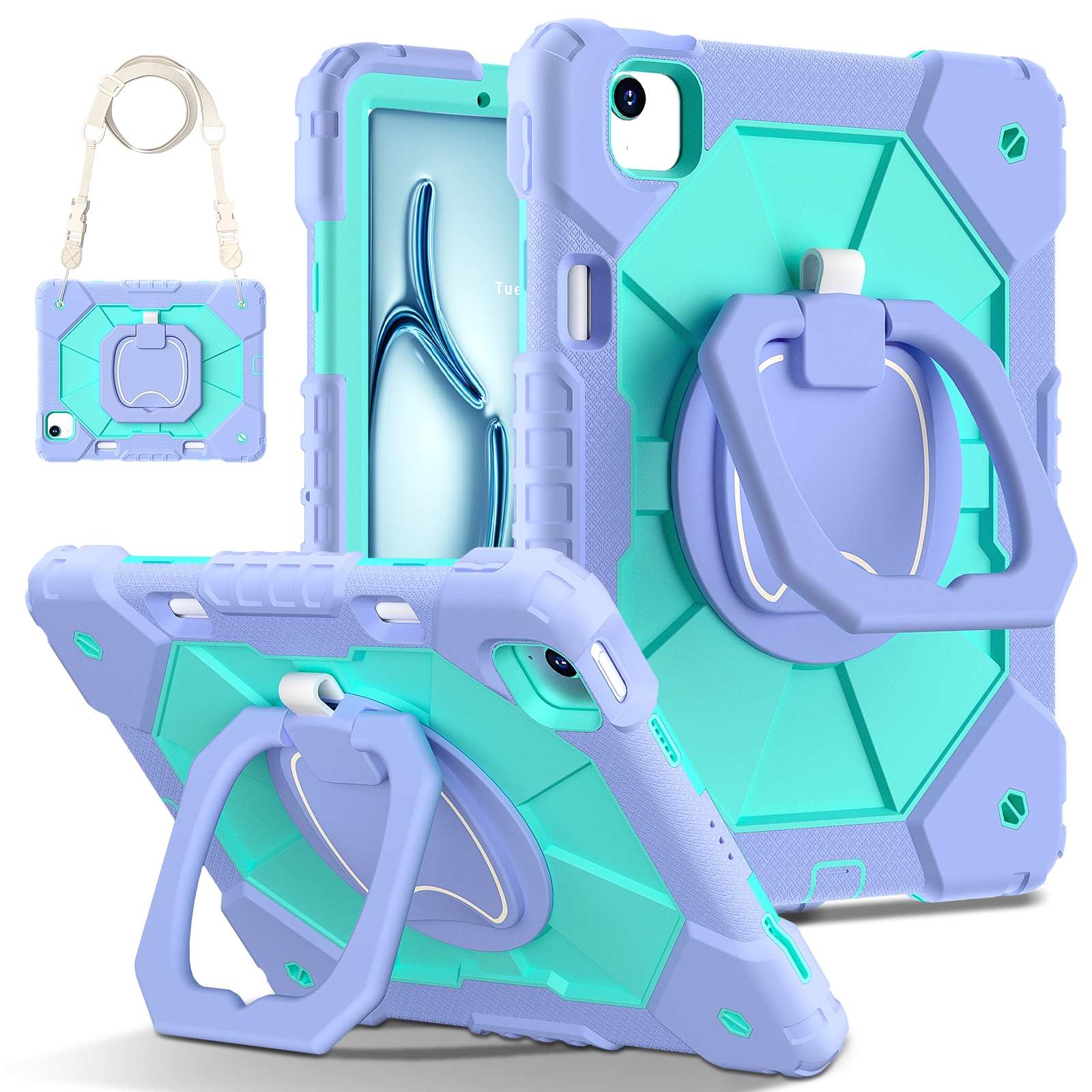 For iPad Air 11 2026 / 2025 / 2024 Contrast Color Robot Silicone Hybrid PC Tablet Case(Purple Mint Green) - Shopkiz.com