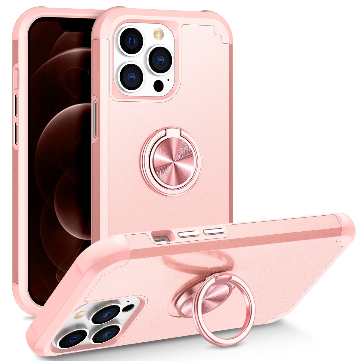 For iPhone 12 Pro Max L2 Rotating Ring Holder Magnetic Phone Case(Rose Gold) - Shopkiz.com