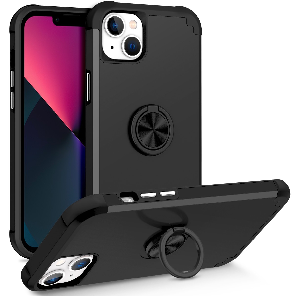 For iPhone 13 L2 Rotating Ring Holder Magnetic Phone Case(Black) - Shopkiz.com