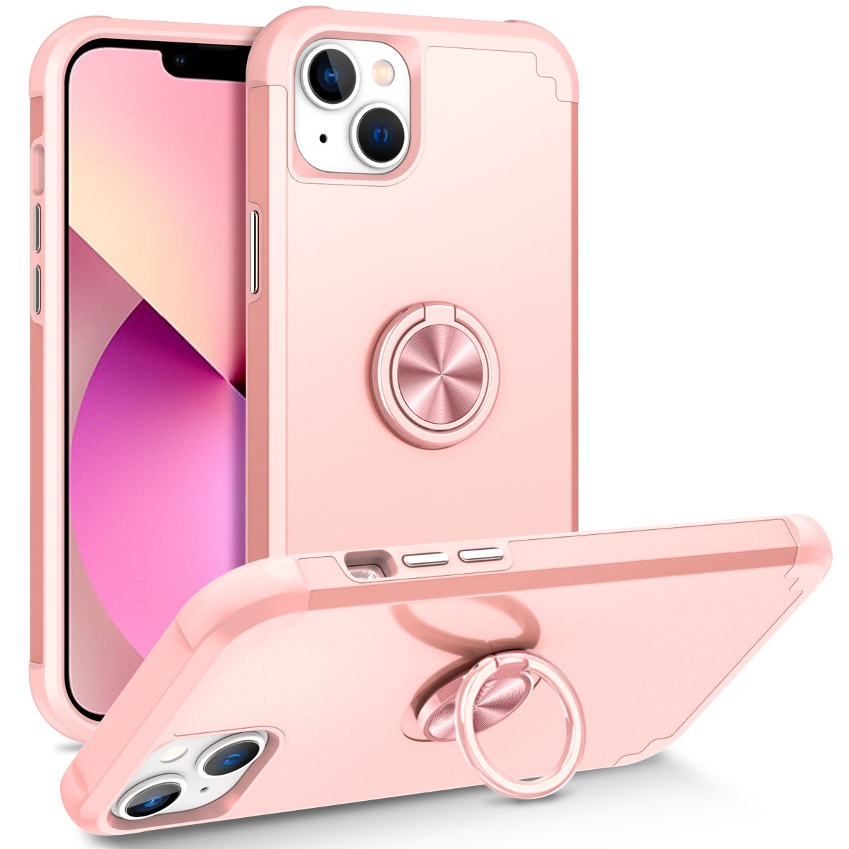For iPhone 13 L2 Rotating Ring Holder Magnetic Phone Case(Rose Gold) - Shopkiz.com