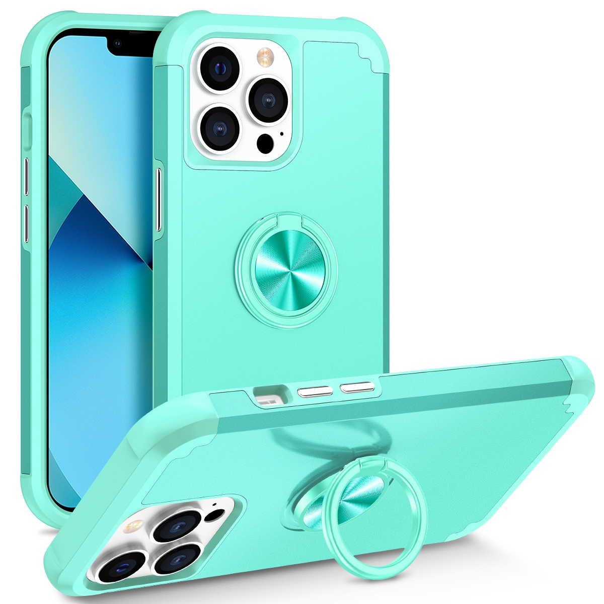 For iPhone 13 Pro Max L2 Rotating Ring Holder Magnetic Phone Case(Mint Green) - Shopkiz.com
