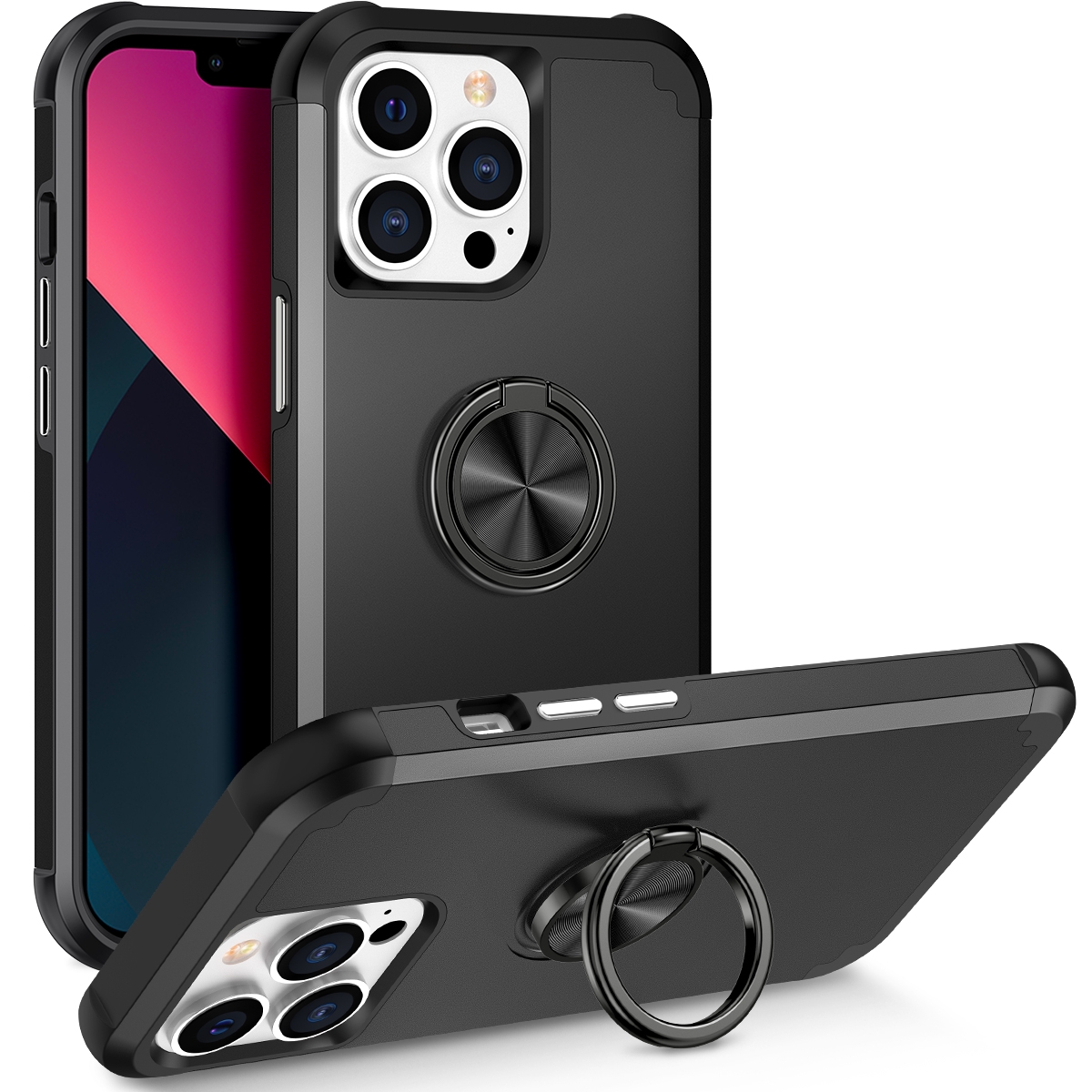 For iPhone 13 Pro Max L2 Rotating Ring Holder Magnetic Phone Case(Black) - Shopkiz.com