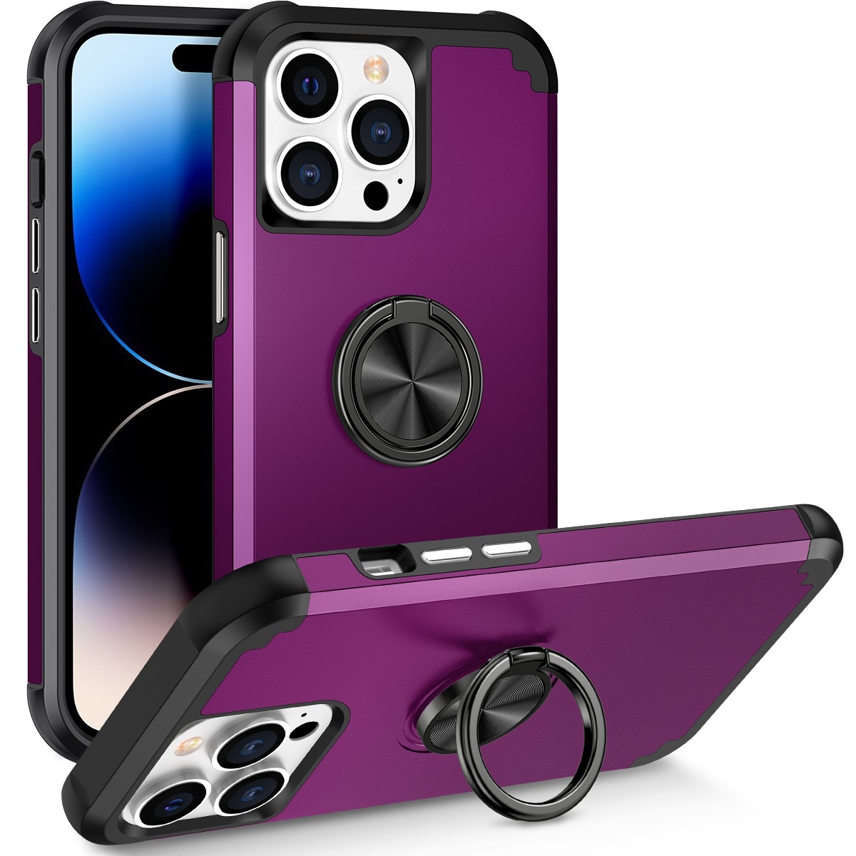 For iPhone 14 Pro Max L2 Rotating Ring Holder Magnetic Phone Case(Dark Purple) - Shopkiz.com