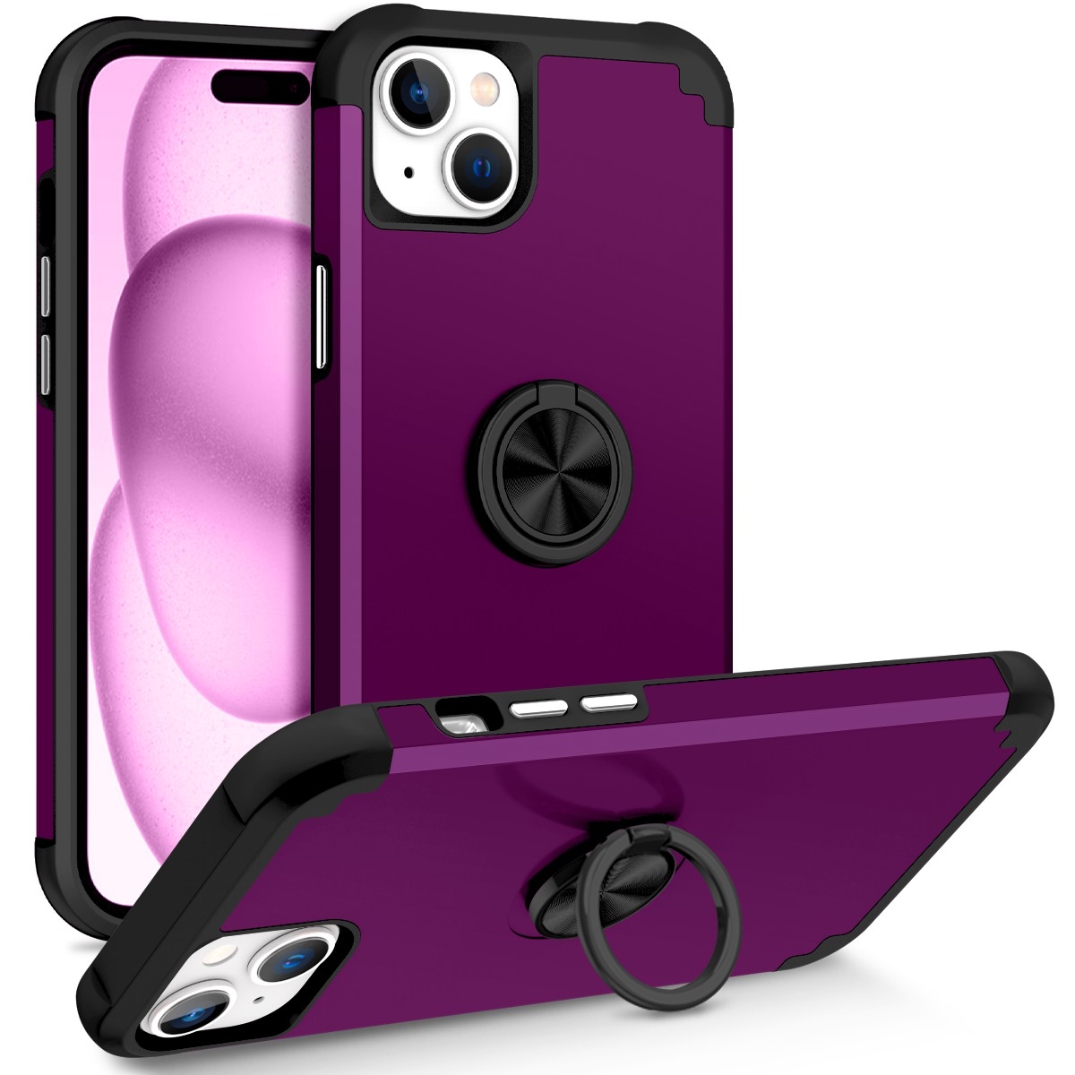 For iPhone 15 Plus L2 Rotating Ring Holder Magnetic Phone Case(Dark Purple) - Shopkiz.com