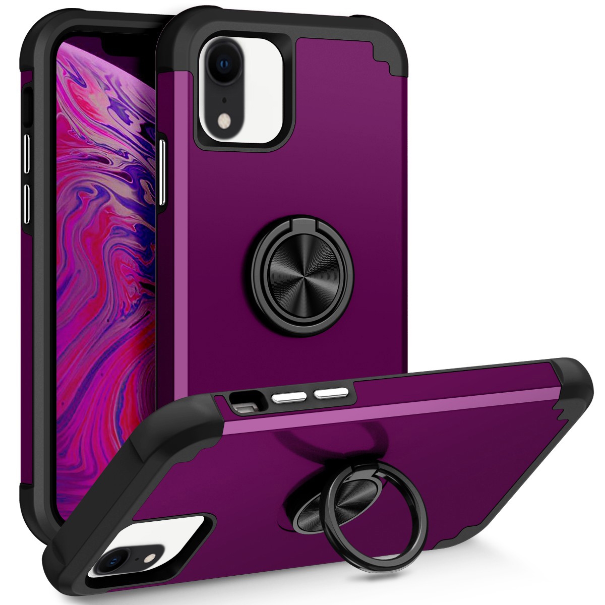For iPhone XR L2 Rotating Ring Holder Magnetic Phone Case(Dark Purple) - Shopkiz.com