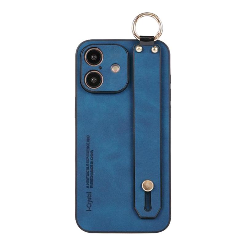 For iPhone 16 Plus Lambskin Wristband Holder Phone Case(Blue) - Shopkiz.com