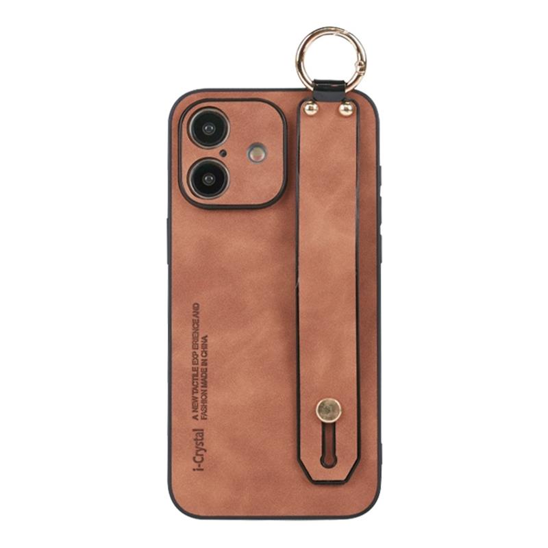 For iPhone 16 Lambskin Wristband Holder Phone Case(Khaki) - Shopkiz.com