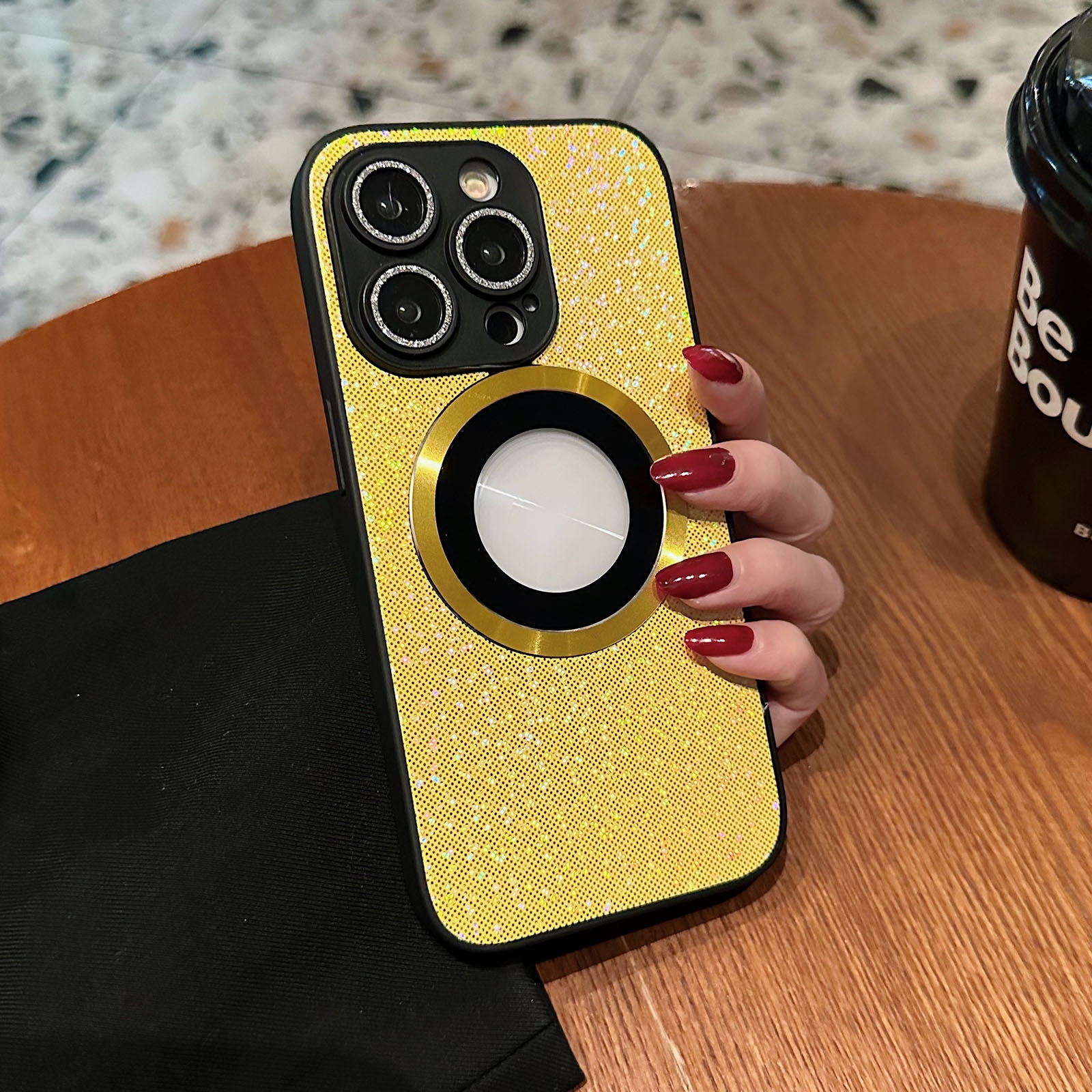 For iPhone 13 Pro Glitter Sticky PC Hybrid TPU Magnetic Phone Case(Yellow) - Shopkiz.com