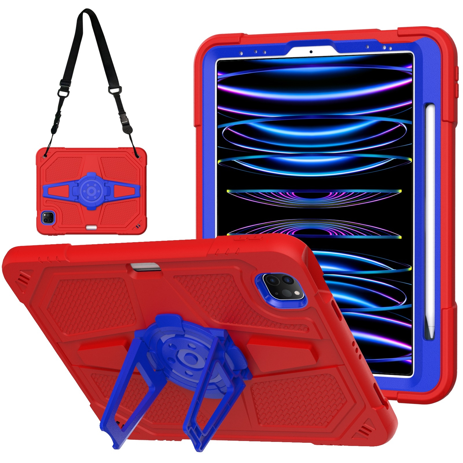 For iPad Air 2022 10.9 / Pro 11 2022 Punk Stand PC Hybrid Silicone Tablet Case with Shoulder Strap(Red Blue) - Shopkiz.com