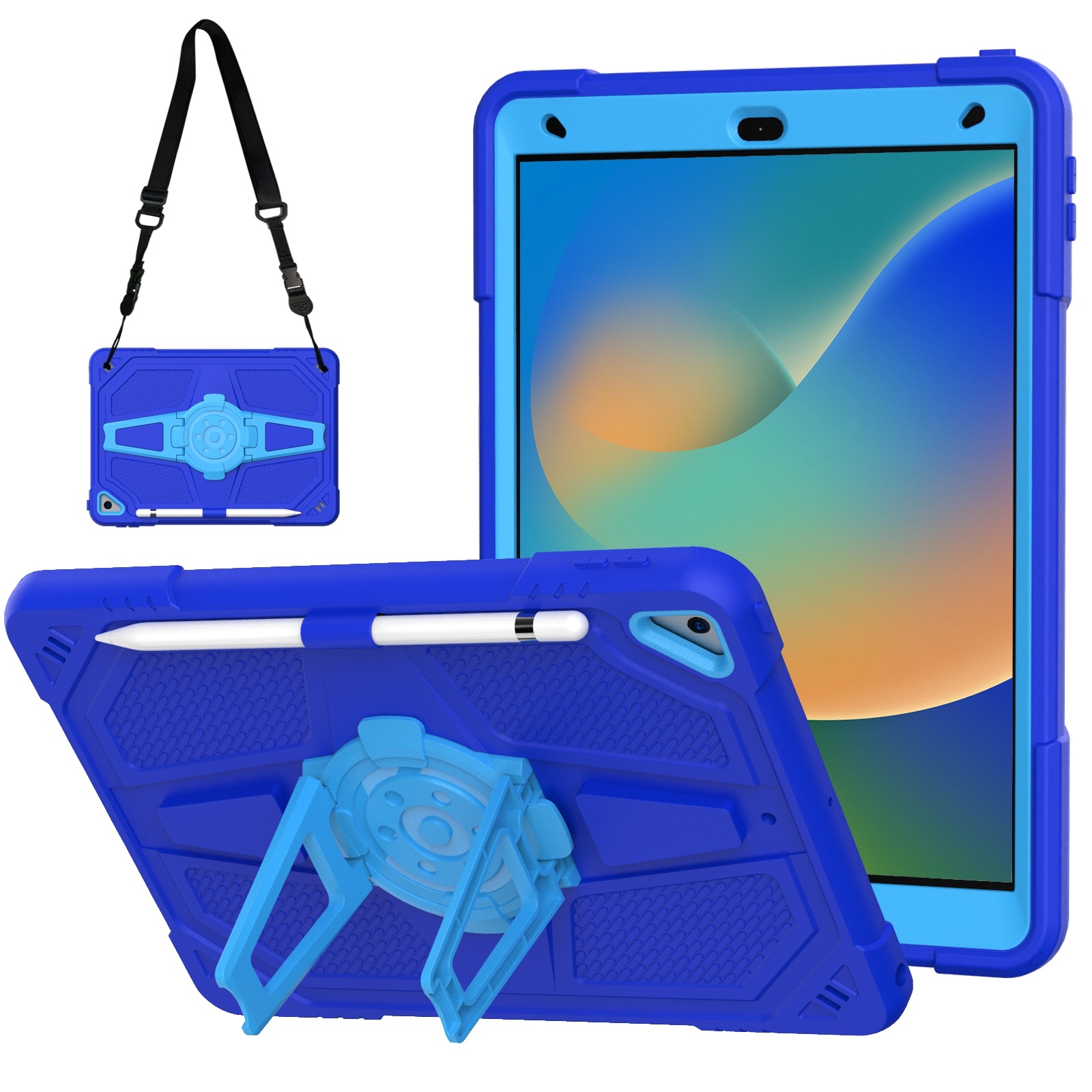 For iPad 10.2 2021 / 2020 / 2019 Punk Stand PC Hybrid Silicone Tablet Case with Shoulder Strap(Blue) - Shopkiz.com