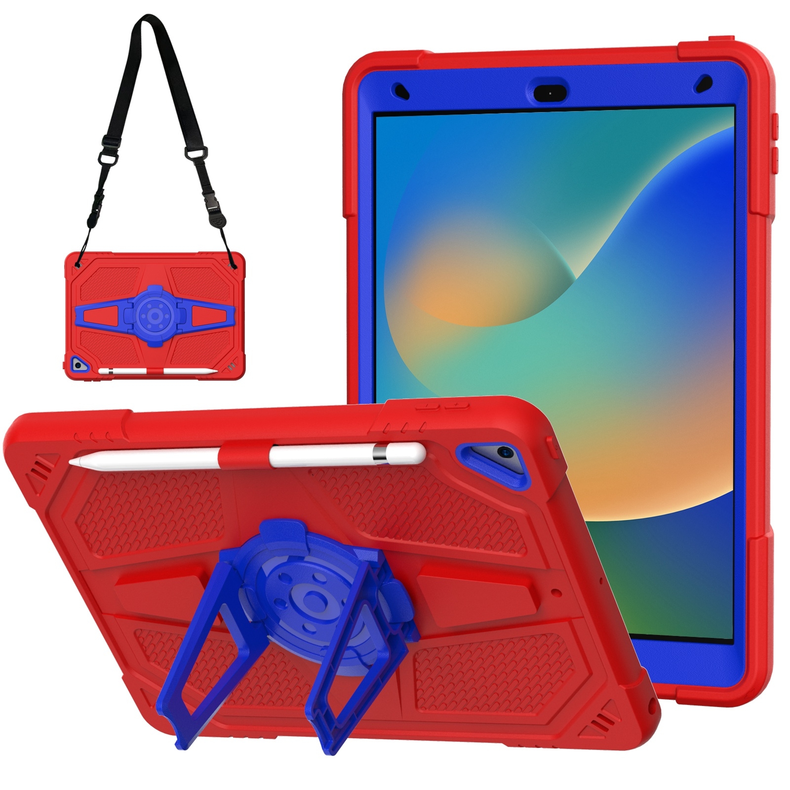 For iPad 10.2 2021 / 2020 / 2019 Punk Stand PC Hybrid Silicone Tablet Case with Shoulder Strap(Red Blue) - Shopkiz.com