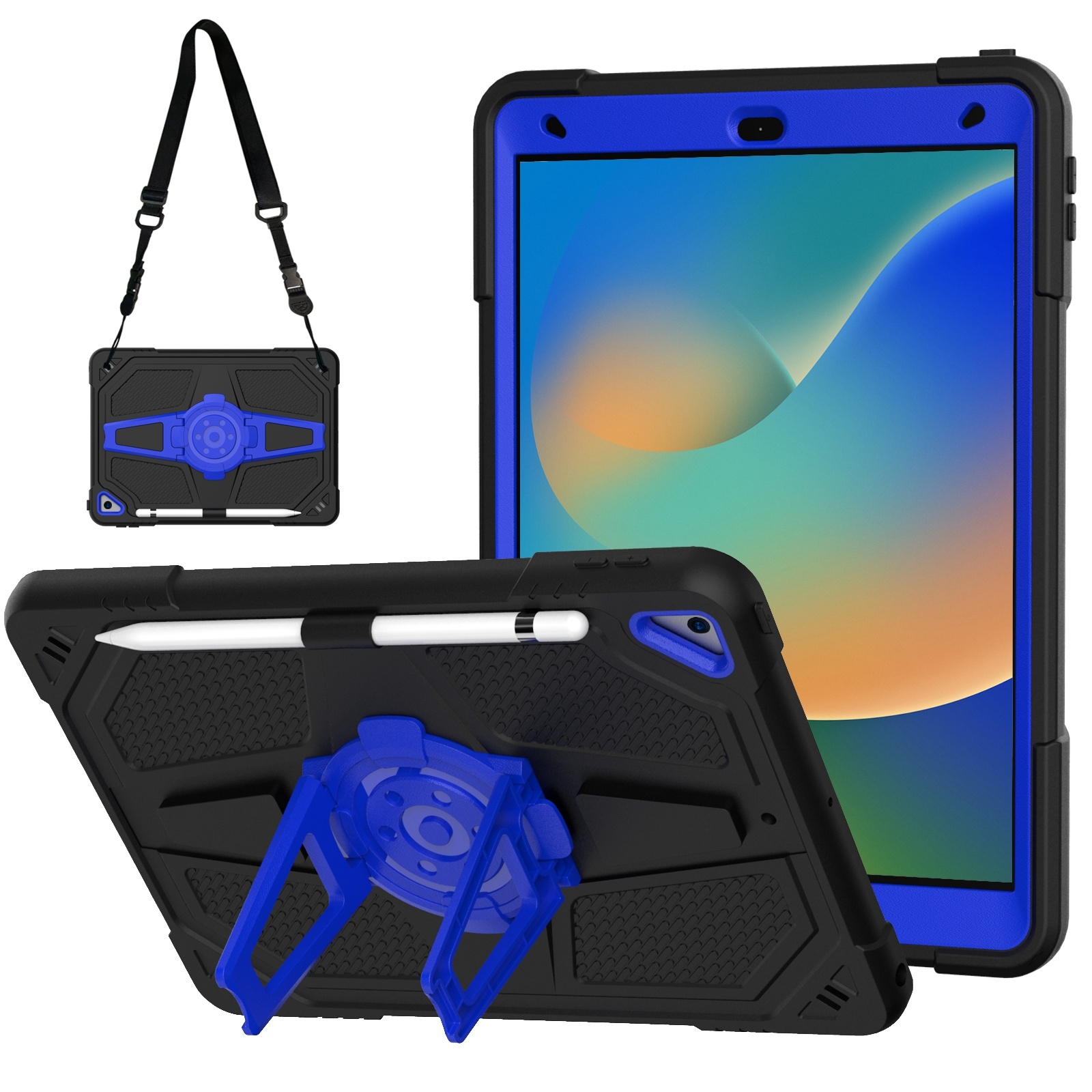 For iPad 10.2 2021 / 2020 / 2019 Punk Stand PC Hybrid Silicone Tablet Case with Shoulder Strap(Black Blue) - Shopkiz.com